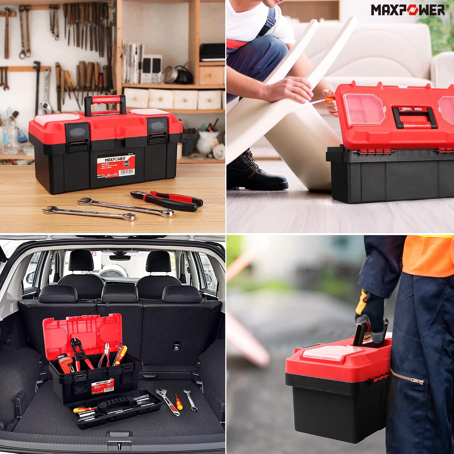 MAXPOWER Small Tool Box, 14-inch Plastic Tool Boxes with Handle | Removable Tray with Dual Lock Secured, Red Toolbox for Home
