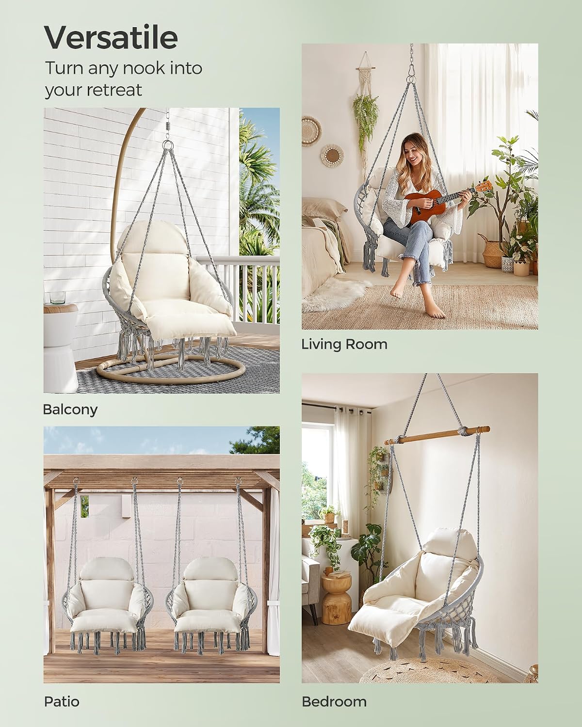 SONGMICS Hanging Chair, Boho Swing Chair with Large, Thick Cushion