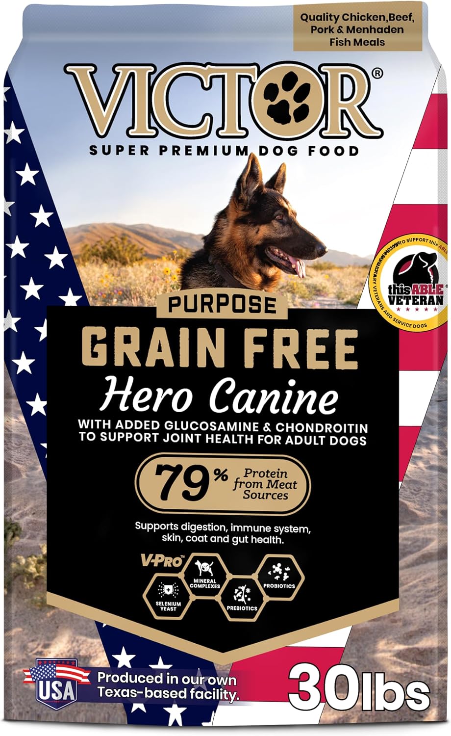 VICTOR Purpose Grain Free Hero Canine Dry Kibble - Active Adult Dogs, 30 lb | Super Premium Dog Food, Gluten Free, High protein With Glucosamine and Chondroitin, Supports Hip and Joint Health, 30lbs