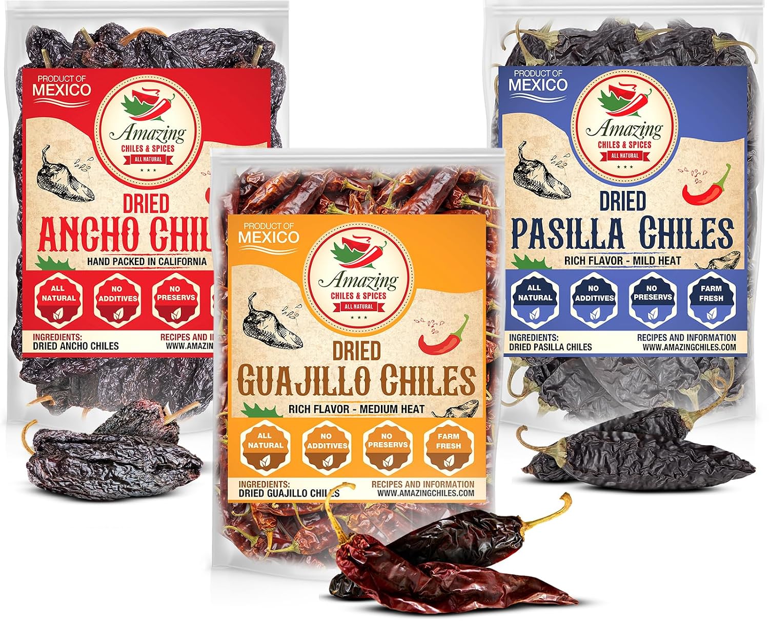 Dried Chile Peppers Variety Pack 12oz Ancho Guajillo Pasilla Mexican Chili