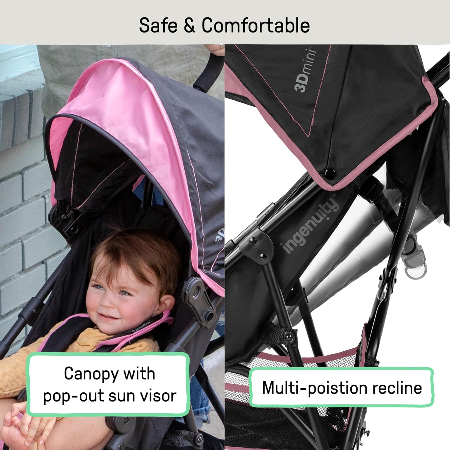 Ingenuity 3D Mini Convenience Stroller – Lightweight Stroller with Compact Fold, Multi-Position Recline, Canopy with Pop Out Sun Visor – Umbrella Stroller for Travel & More, Blue/Black