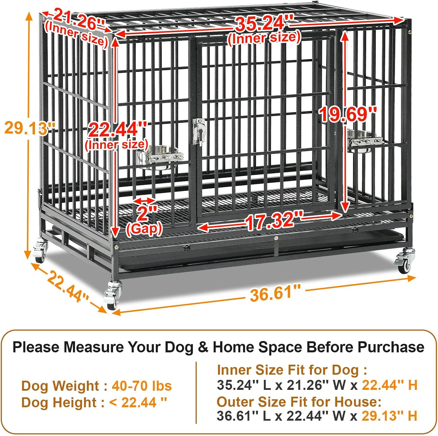 Homey Pet Three Tiers 43 inch Heavy Duty Dog Crate with Wheels, Dual Doors | Stackable Indestructible Steel Dog Cage Kennel Indoor with Divider, Trays, Bowls, Escape Proof Locks for Breeders and More
