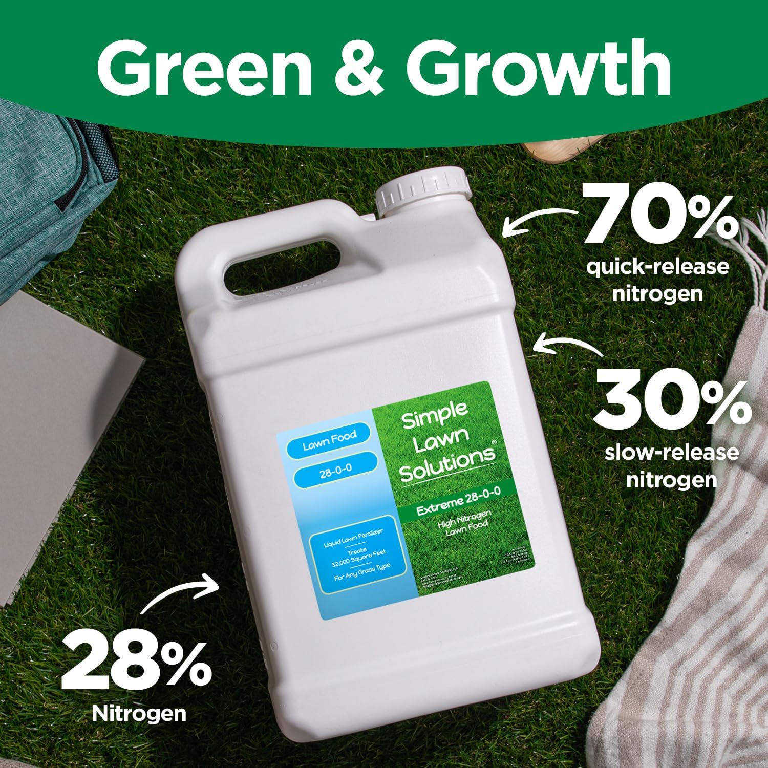 Maximum Green & Growth Fertilizer High Nitrogen 28-0-0 Liquid Lawn Food Spray Spring & Summer- Any Grass Type- Simple Lawn Solutions - Concentrated Quick & Slow Release Attached Sprayer (32 Ounce)