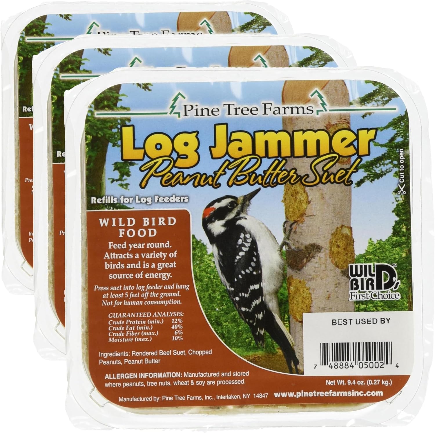 Pine Tree Farms 5002 Log Jammer Woodpecker Peanut Suet Plug, 3 plugs per pack , 9.4-Ounce