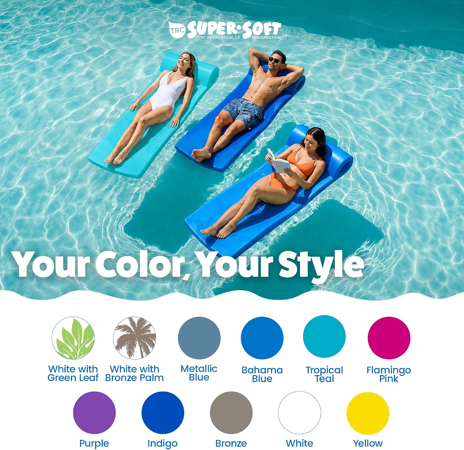 TRC Recreation Sunsation 1.75" Thick Foam Pool Float Lounger w/ Headrest for Lounging & Sunbathing in Swimming Pools, Beaches & Lakes, 70" x 26