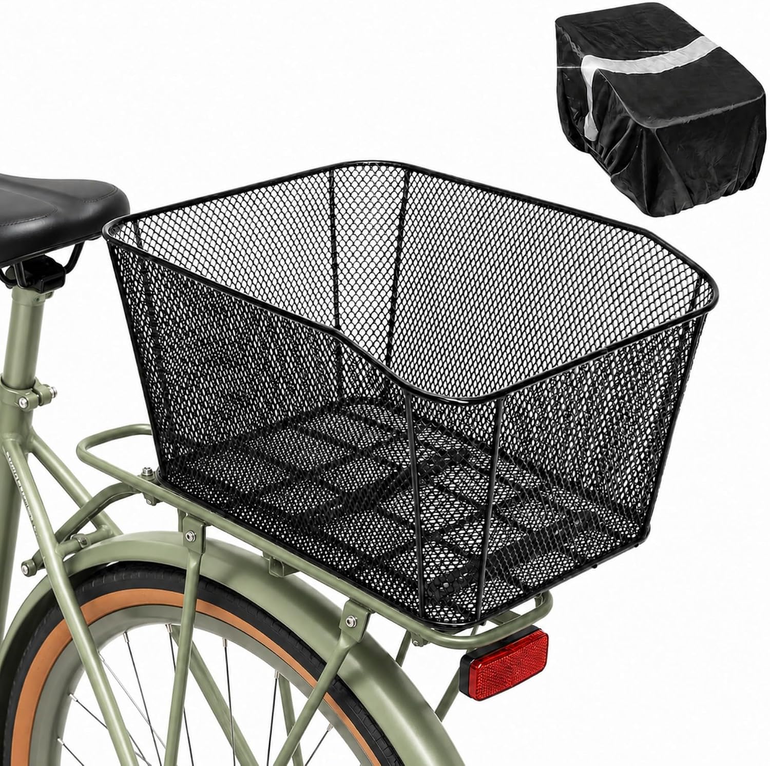 Rear Bike Basket with Rain Cover, Heavy-Duty Wire Cargo Rack | Suits most bicycles, ideal for commuting & shopping, easy mount