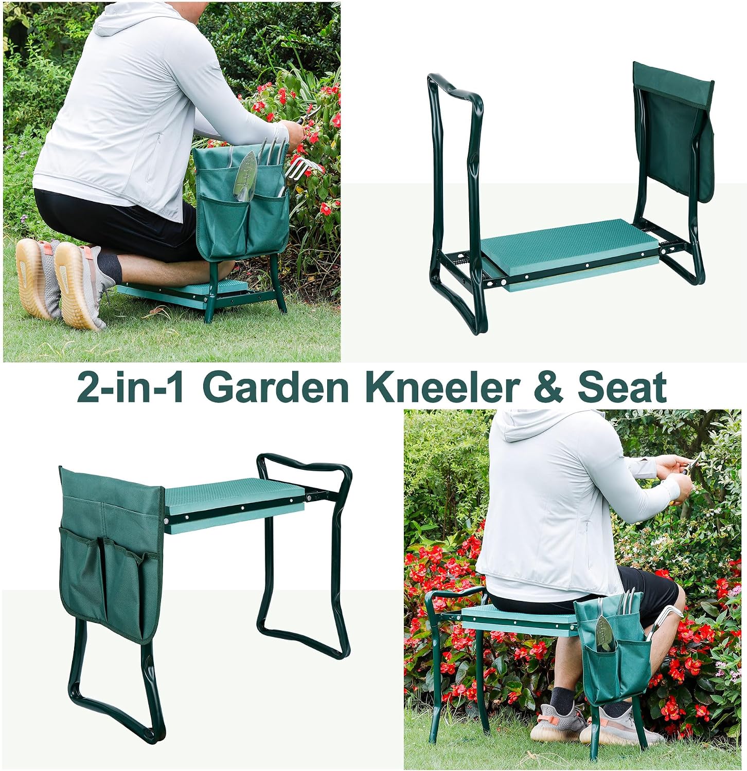 JupiterForce Portable Garden Kneeler and Seat with Thick EVA Foam Pad, Foldable Gardening Stool Bench with Tool Pouches