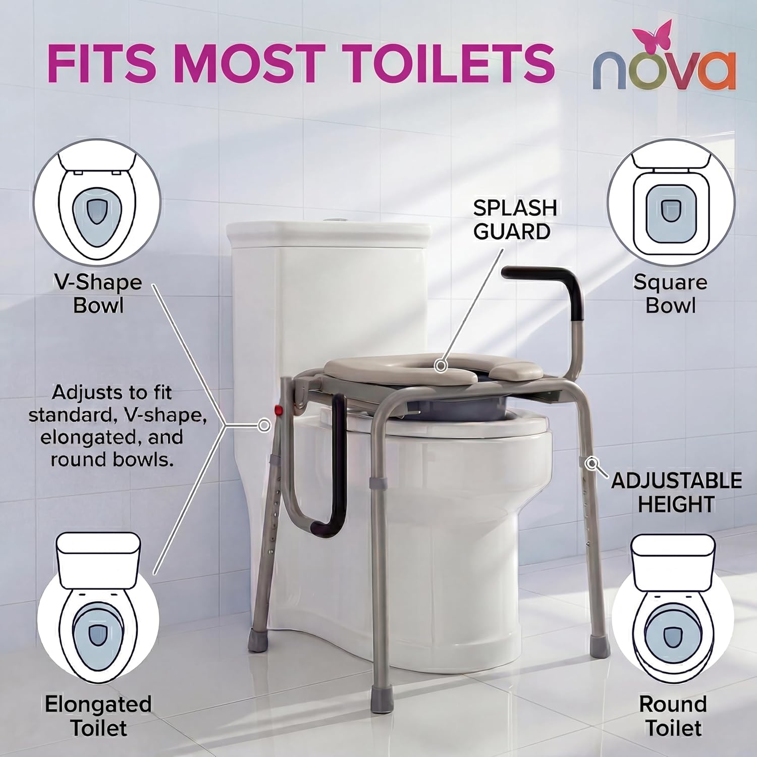 NOVA Medical Products Drop Arm Commode with Padded Seat and Back, Drop Down Arms for Easy Transfer