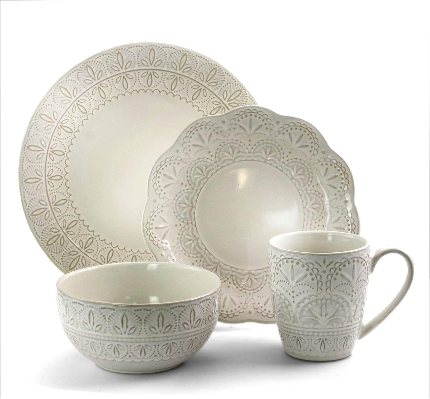 Elama White Lace 16 Piece Round Scallop Stoneware Dinnerware Set in White