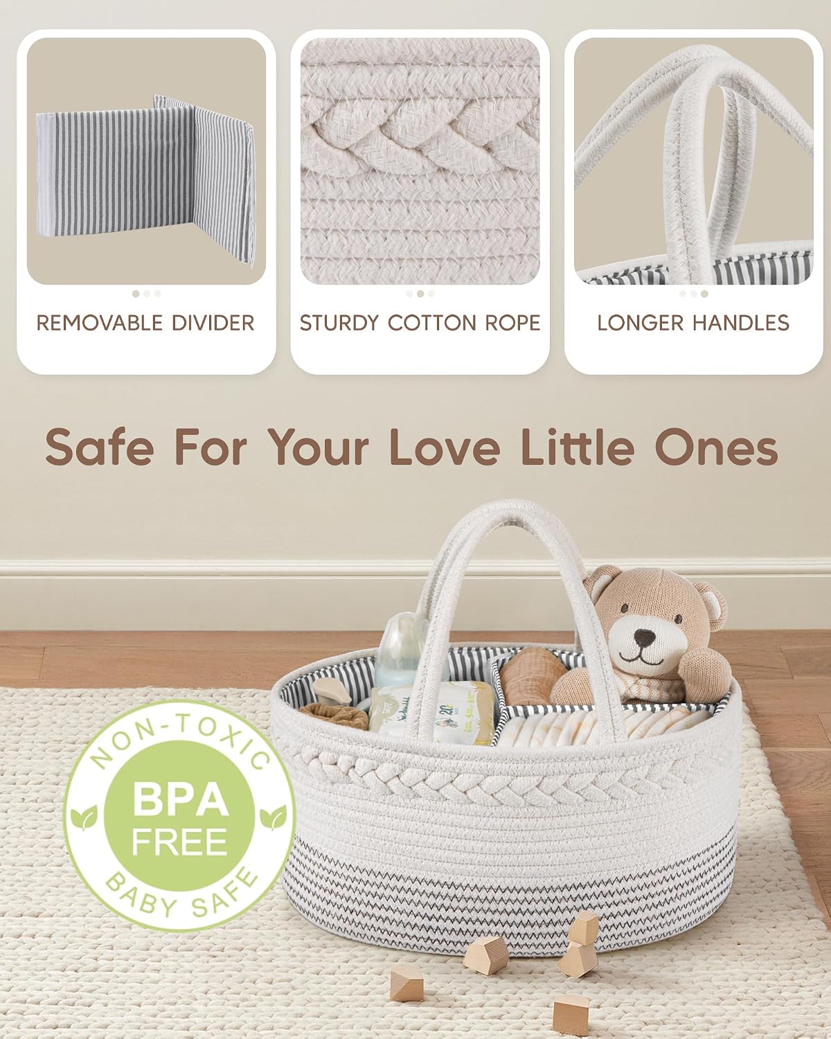 Maliton Diaper Caddy Organizer for Baby, Cotton Rope Baby Gift Basket, Portable Diaper Organizer for changing table, Nursery Storage Organizer