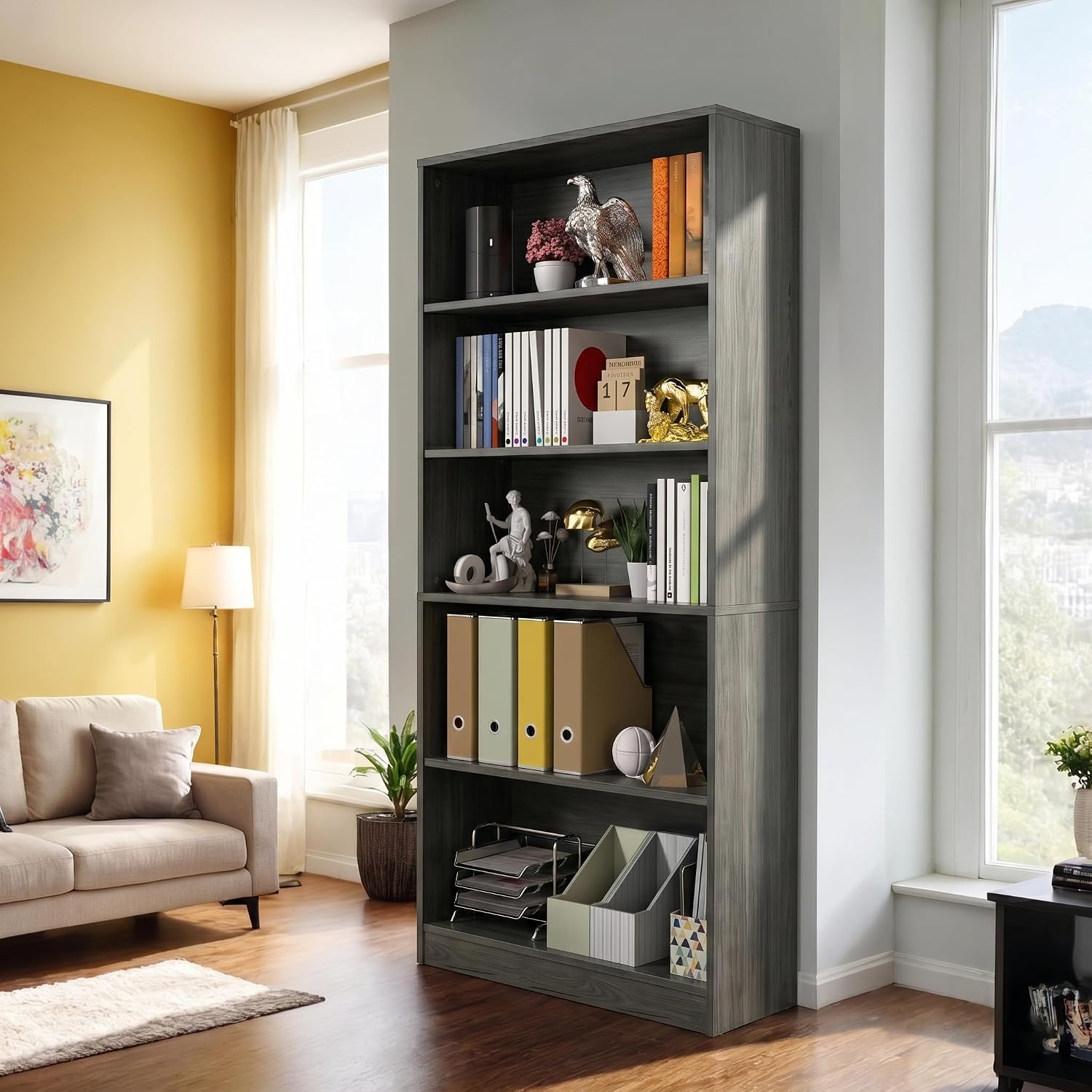 holzart 71" Tall Book Shelf, 5 Tier Large Bookshelf, Standing Wood Display Book Shelf for Living Room, Office, Library with Doors, 31.5" W x 70.87" H x 11.81" D, White