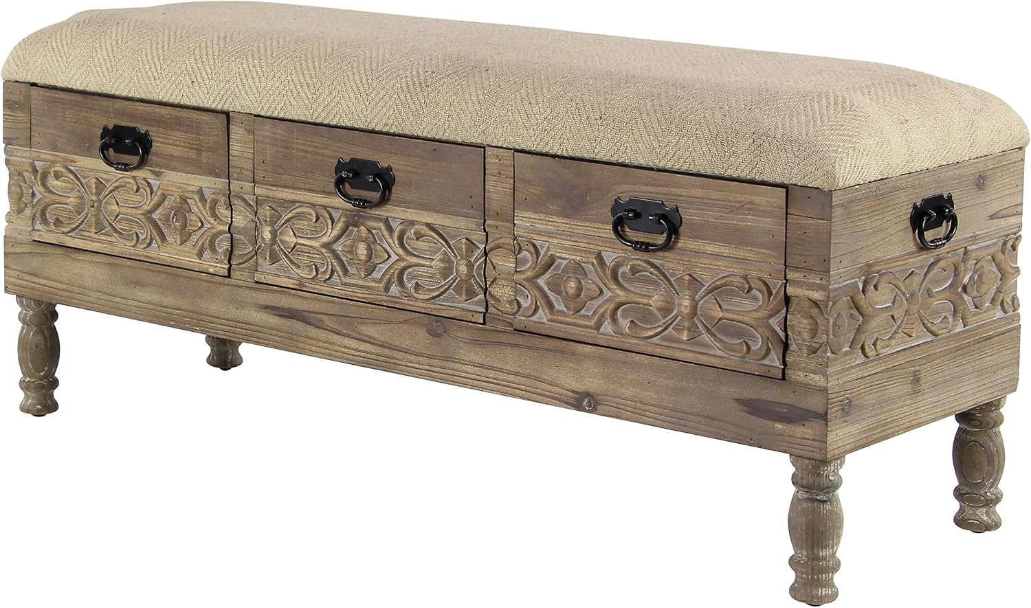 Deco 79 Wood Floral Room Storage Bench Intricately Carved Entryway Bench with Cream Burlap Top, Bench 47" x 16" x 20", Brown