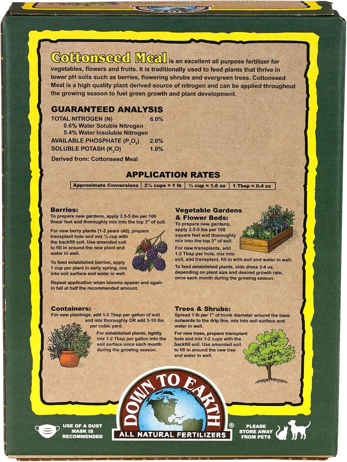 Down To Earth All Natural Fertilizers Organic Cottonseed Meal - 6-2-1, 5 lb | Plant Food for Low pH, Acid Soil Loving Plants, High Nitrogen