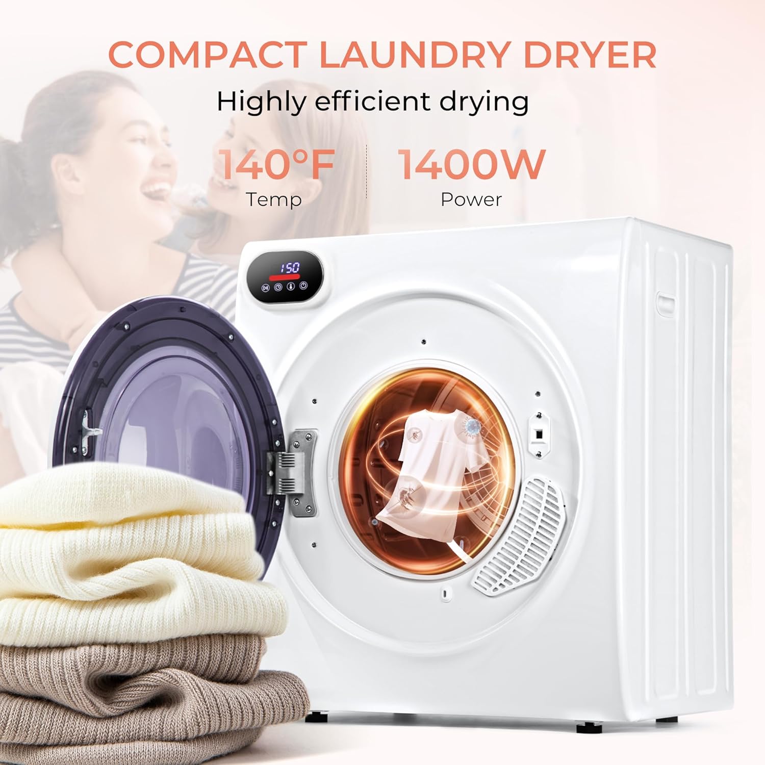 Euhomy Compact Laundry Dryer, 3.5 cu ft Front Load Stainless Steel Clothes Dryers With Exhaust Pipe, 1500W