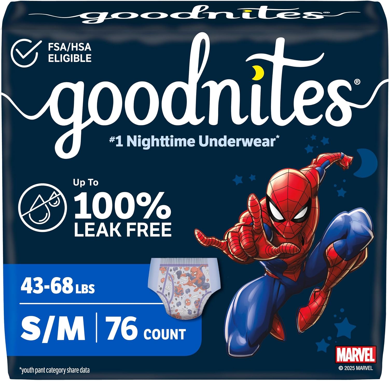 Goodnites Boys' Nighttime Bedwetting Underwear, Size S/M (43-68 lbs), 44 Ct (2 Packs of 22), Packaging May Vary