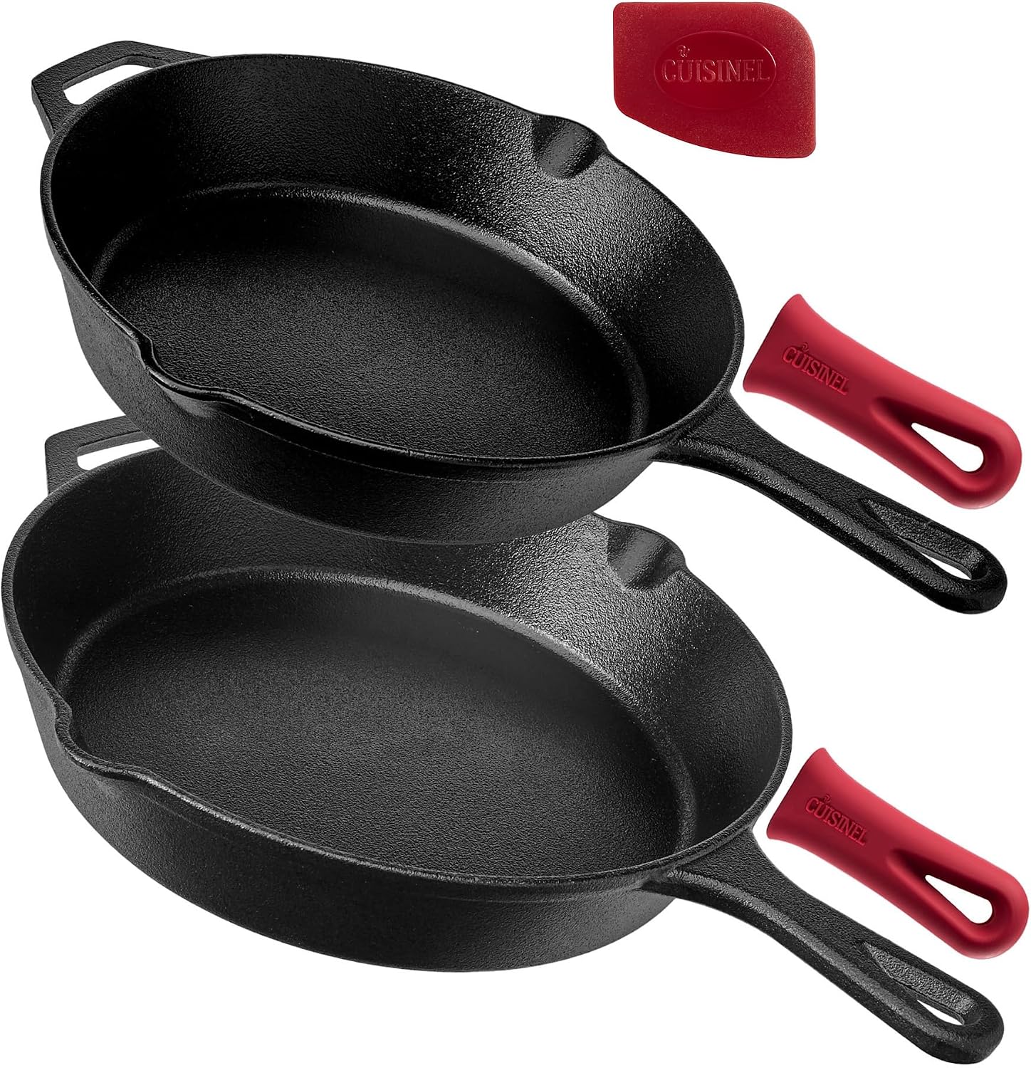 Cast Iron Skillet - 10"-Inch Frying Pan with Pour Spouts + Pan Scraper + Silicone Grip Handle Cover Holder - Pre-Seasoned Oven Cookware - Indoor/Outdoor Use - Stovetop, Induction. PFAS and PFOA-free