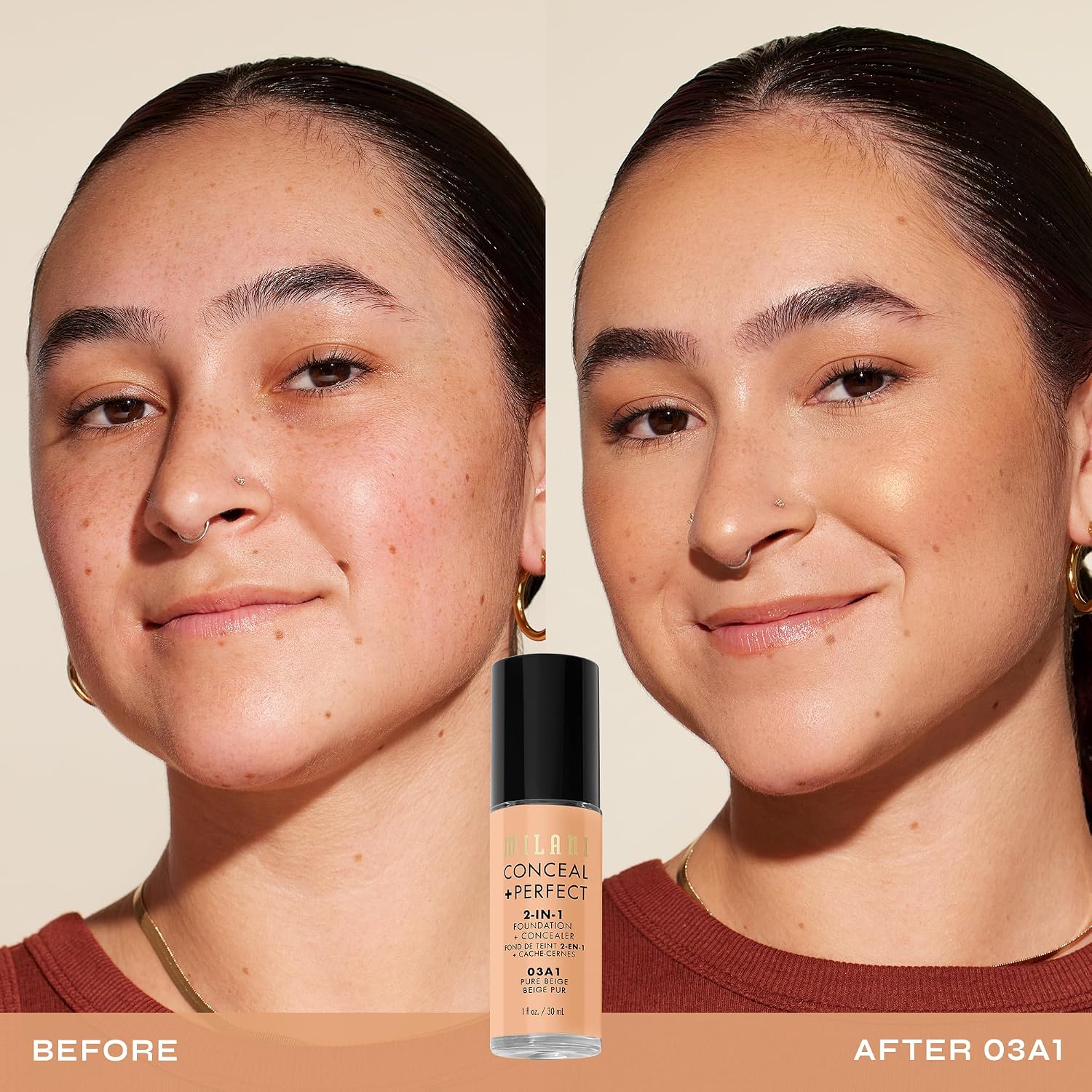 Milani Conceal + Perfect 2-in-1 Foundation + Concealer Makeup -13-Chestnut | Medium-To-Full Coverage, Natural-Matte Finish. Under Eye Corrector, Cover Redness & Imperfections. Waterproof & Sweat-Proof.