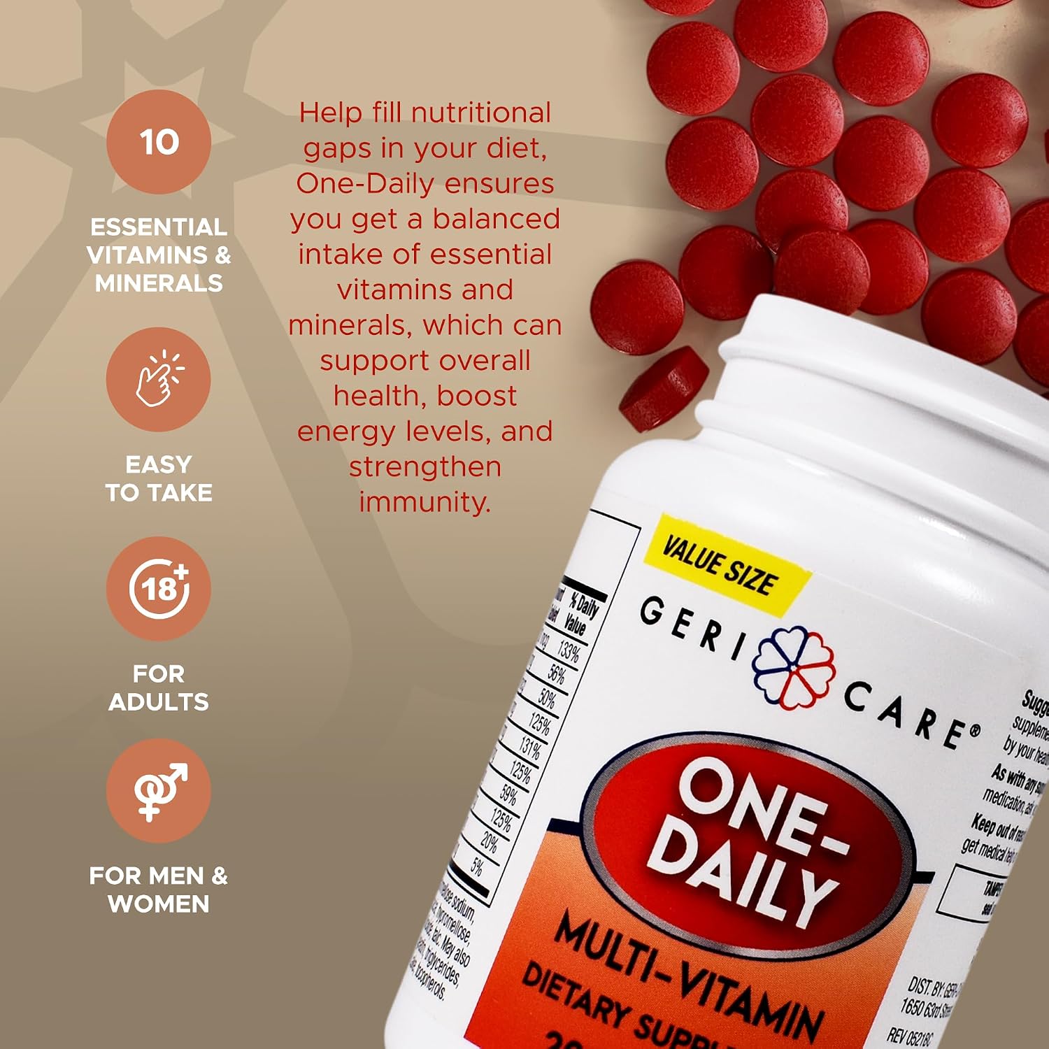 GeriCare One-Daily Multi-Vitamin Tablet, 100 Count Adult Multivitamin Supplement | Easy-to-Take Dietary Supplement with Vitamins A, C, D3, B, Calcium| Vitamin & Mineral Complex (2 Pack)