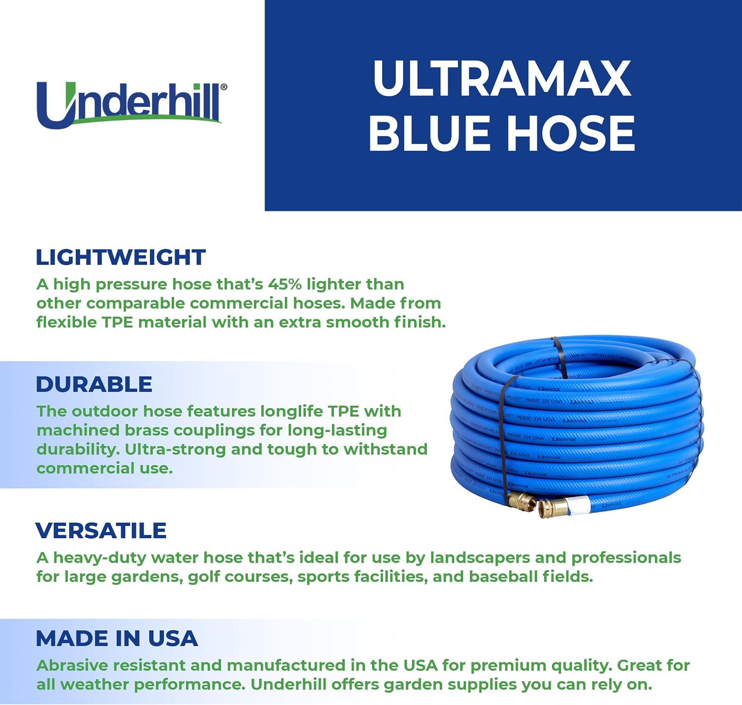 UltraMax Commercial Garden Water Hose 50 ft, Lightweight, Flexible, Anti-Kink, All Weather, 1200 psi, H75-050B, 3/4 Inch x 50 ft, Blue