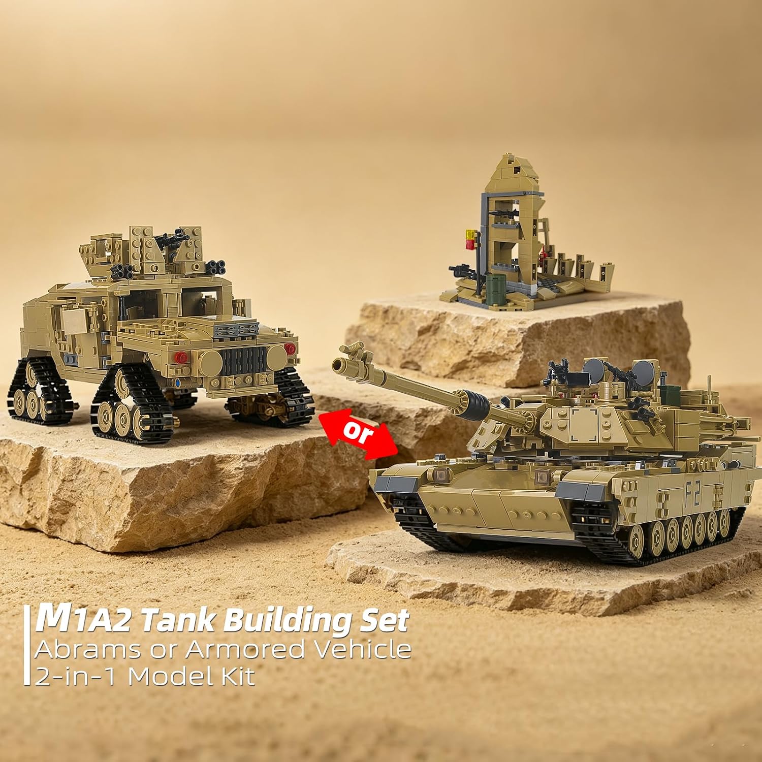 M1A2 Abrams Tank Building Set 1:28 Scale Military Model Kit 2-in-1 Vehicle | Armored Vehicle with Ruin Buildings Soldier Figures Army Blocks Toy Set
