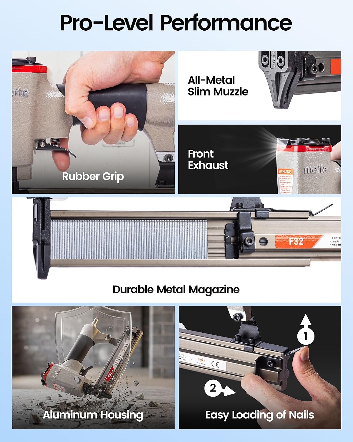meite F32 Brad Nailer 18 Gauge 3/8" to 1-1/4" Pneumatic Tool for Woodworking Projects