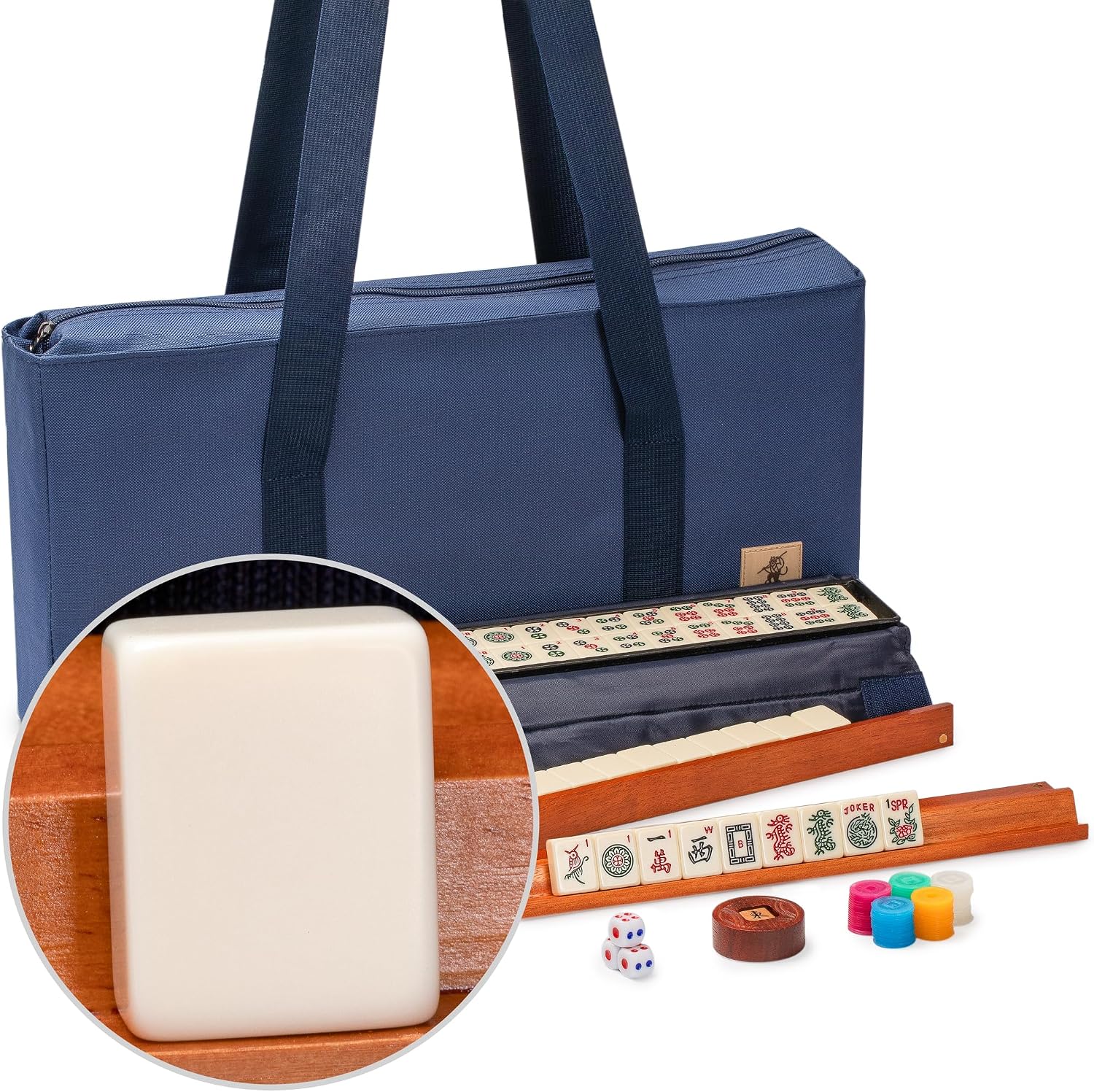 Yellow Mountain Imports American Mahjong Set, Mojave (Ivory) with Brown Soft Case, All-in-One Racks with Pushers, Wright Patterson Scoring Coins, Dice, & Wind Indicator