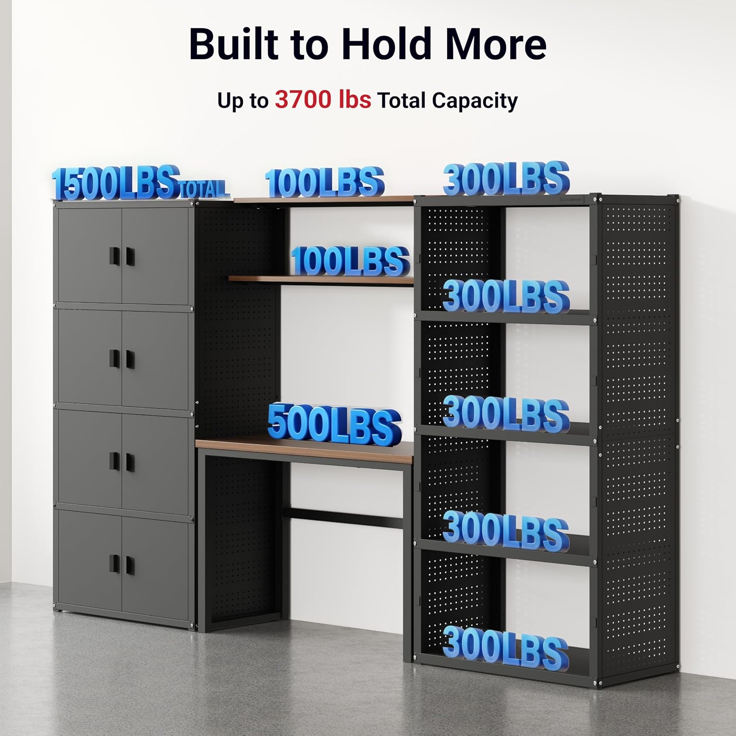 FLEXIMOUNTS 117"W Modular Garage Storage Cabinet with Workbench, Black | 6 Doors, 3700lbs capacity, Metal board shelf includes pegboard, 3-in-1 metal tool cabinet, 24-gauge steel, FLEXIMOD Series