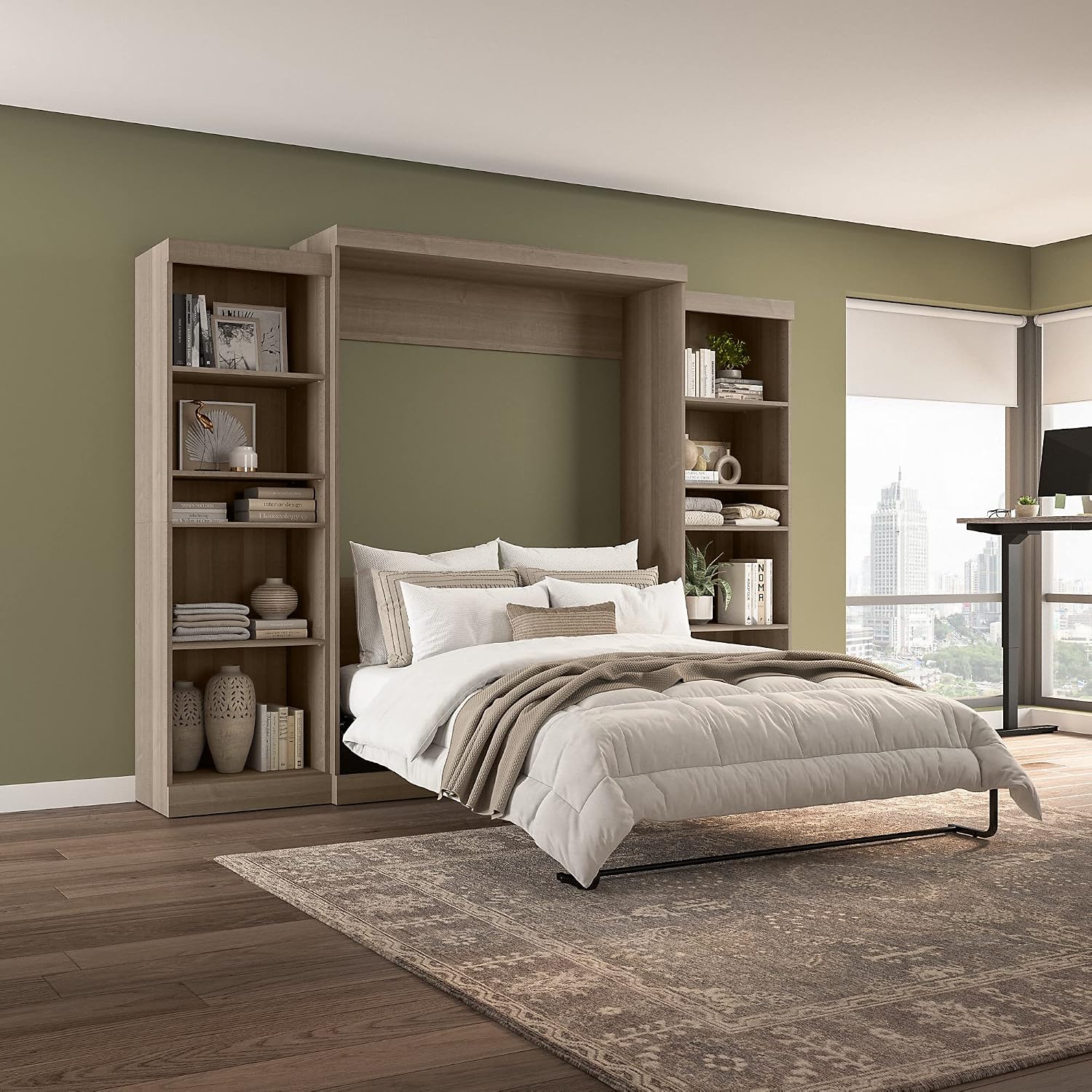 Bestar Pur Full Murphy Bed and 2 Shelving Units with Drawers, 109-inch Space-Saving Sleeping Arrangement in White | 2 Shelving Units with Drawers; supports up to 1000 lb; min. ceiling height 86.4 in.; dual piston mechanism; 10-year warranty