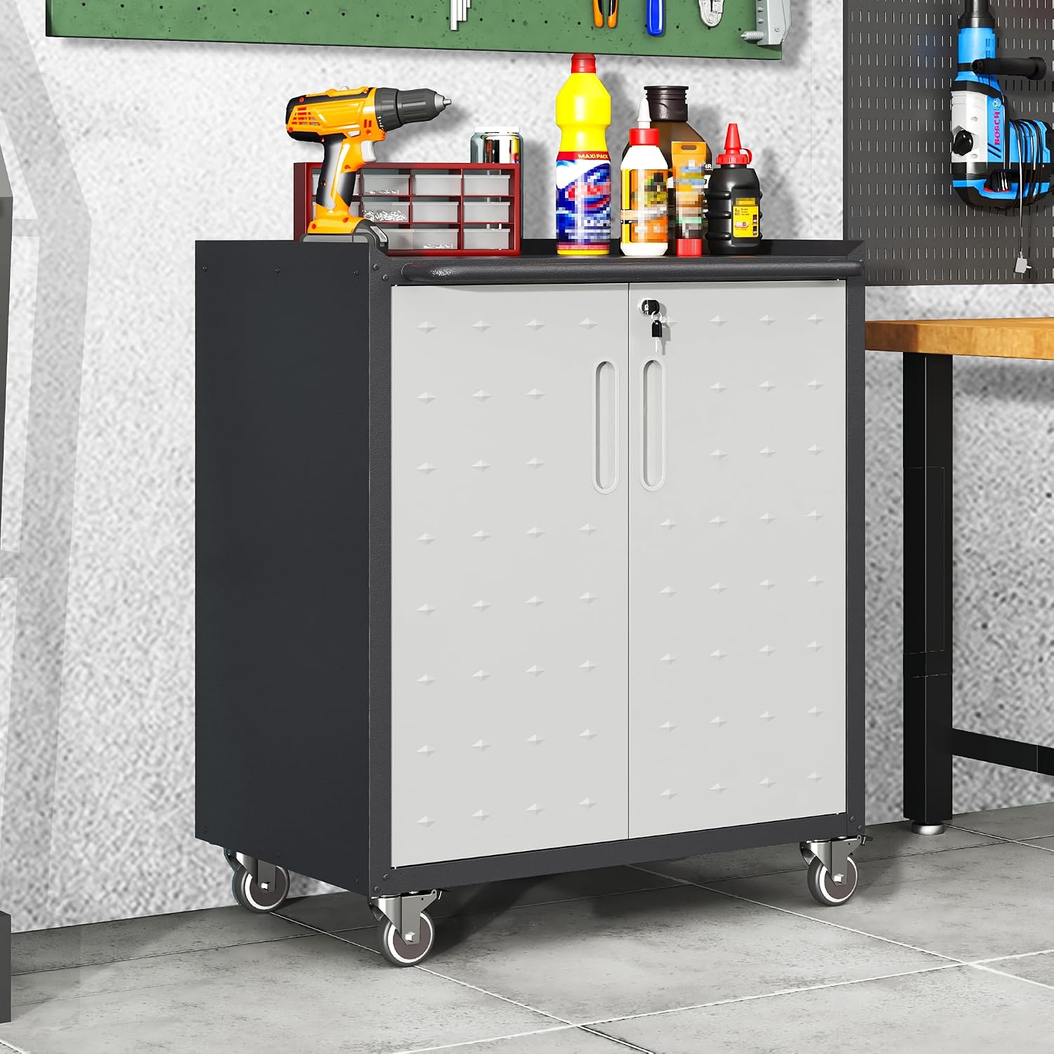 Garage Cabinets,Metal Garage Storage Cabinet with Wheels,Black Lockable Rolling Tool Cabinet with Drawer and Adjustable Shelves,Heavy Duty Tool Chest for Home Office Utility Room
