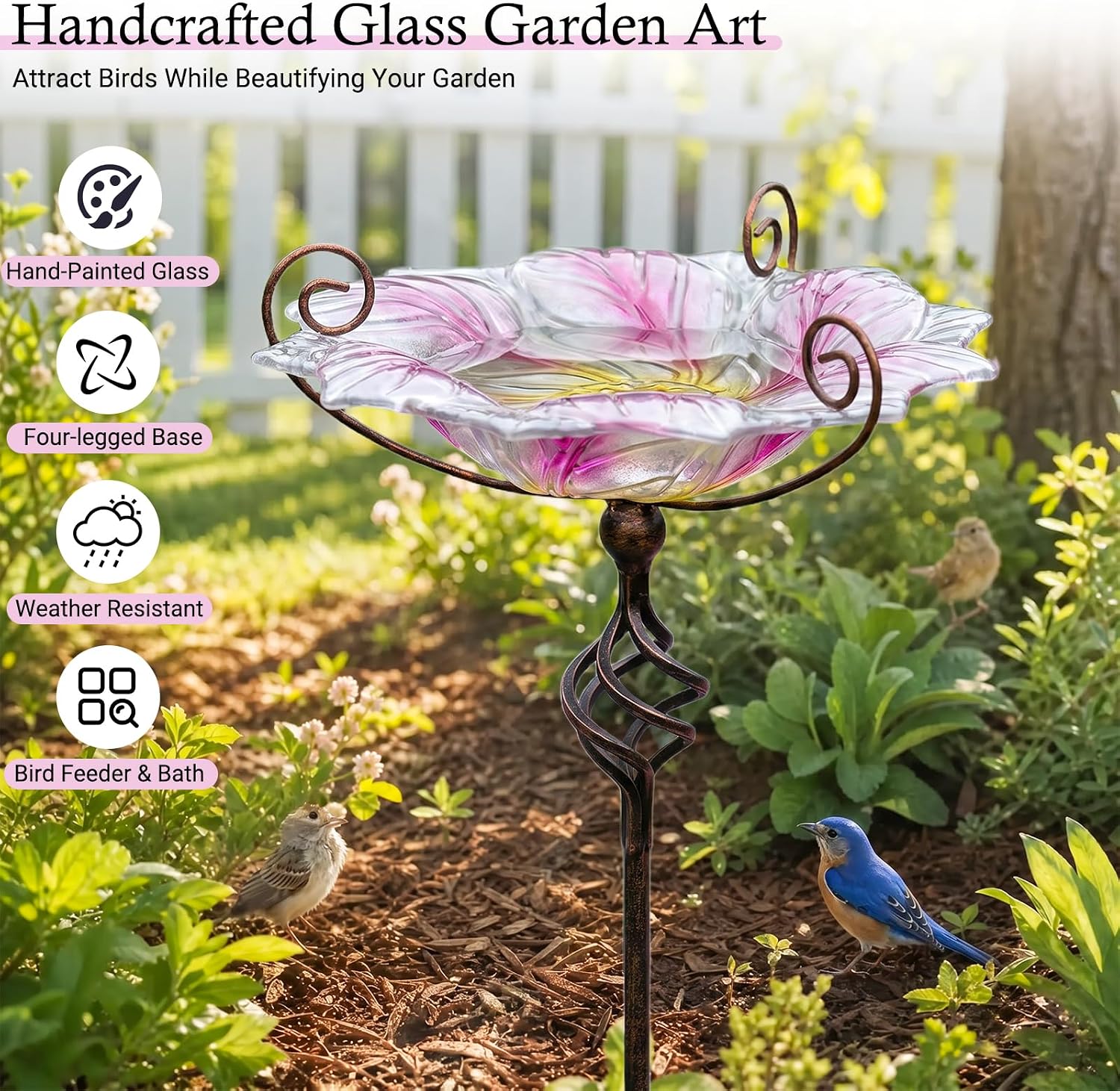 VCUTEKA Glass Bird Bath Outdoor Birdfeeder with Metal Stake Garden Decor