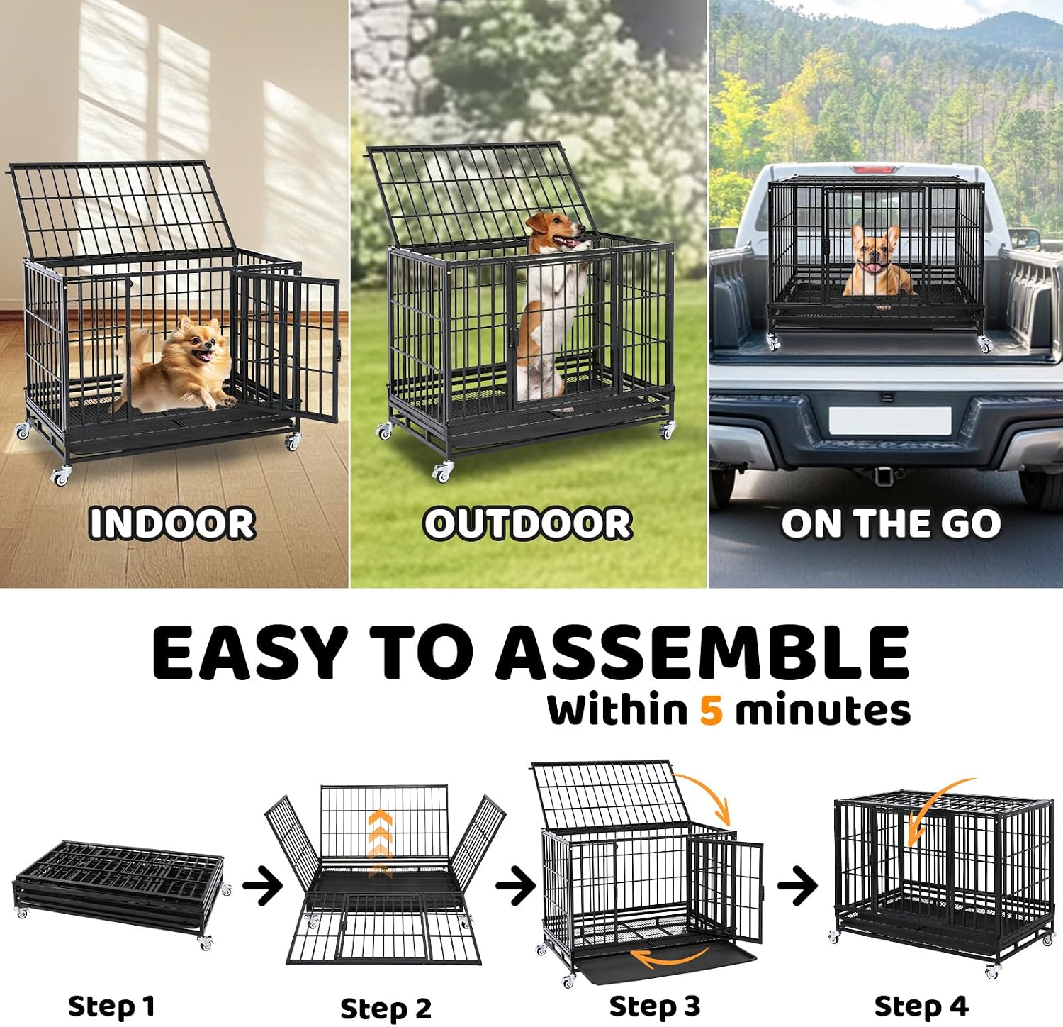 Homey Pet Taller 43" Heavy Duty Double Dog Crates with Divider & Dual Door | Drop Cage for Dogs with Lockable Wheels, Bowls, Removable Tray, Top Access, Ideal for Small to Medium & Large Dogs, Breeders