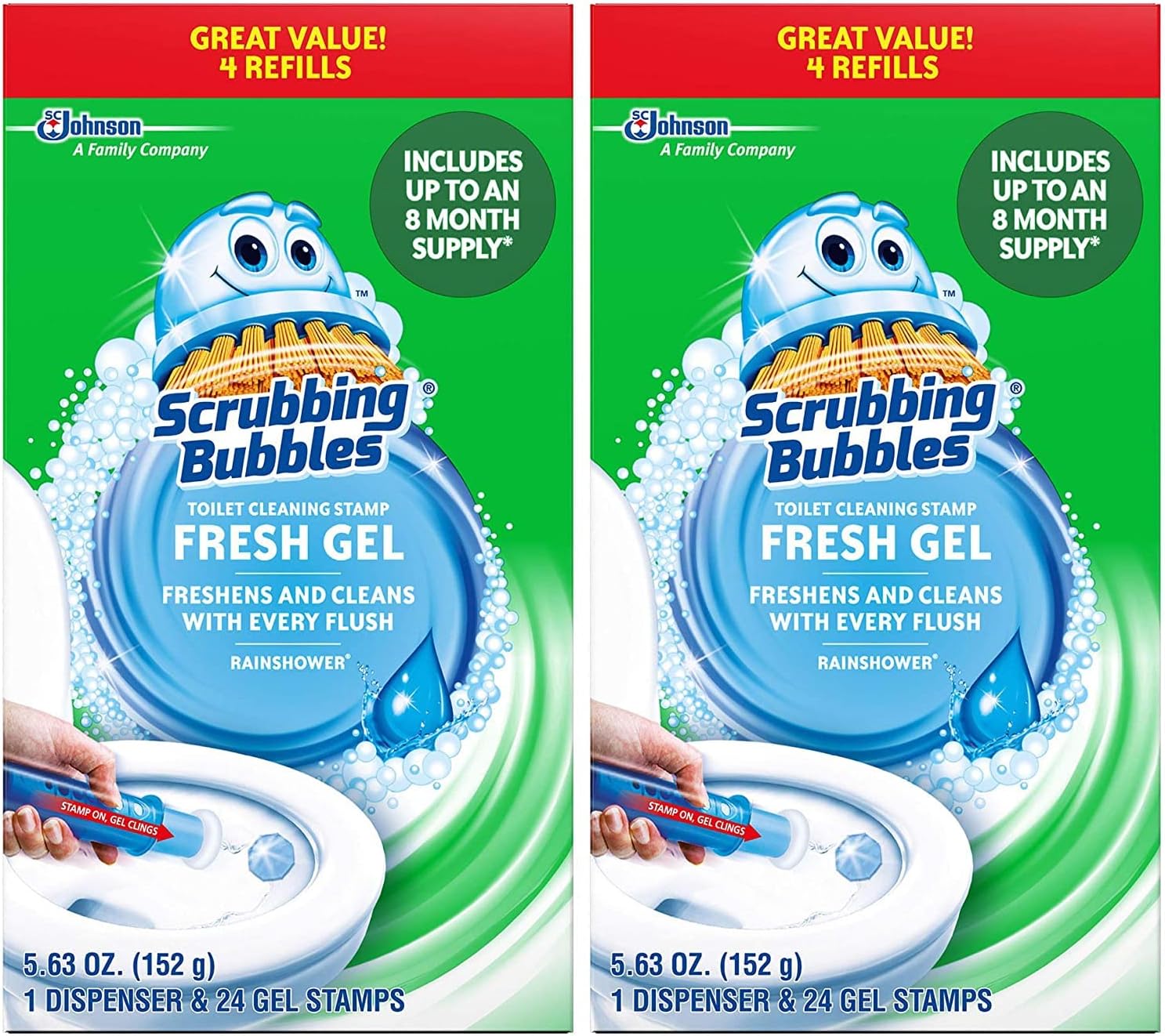 Mega Value Scrubbing Bubbles Toilet Cleaning Gel Fresh, 2 Dispensers, 8 Refills, 48 Gel Stamps, 10.72oz