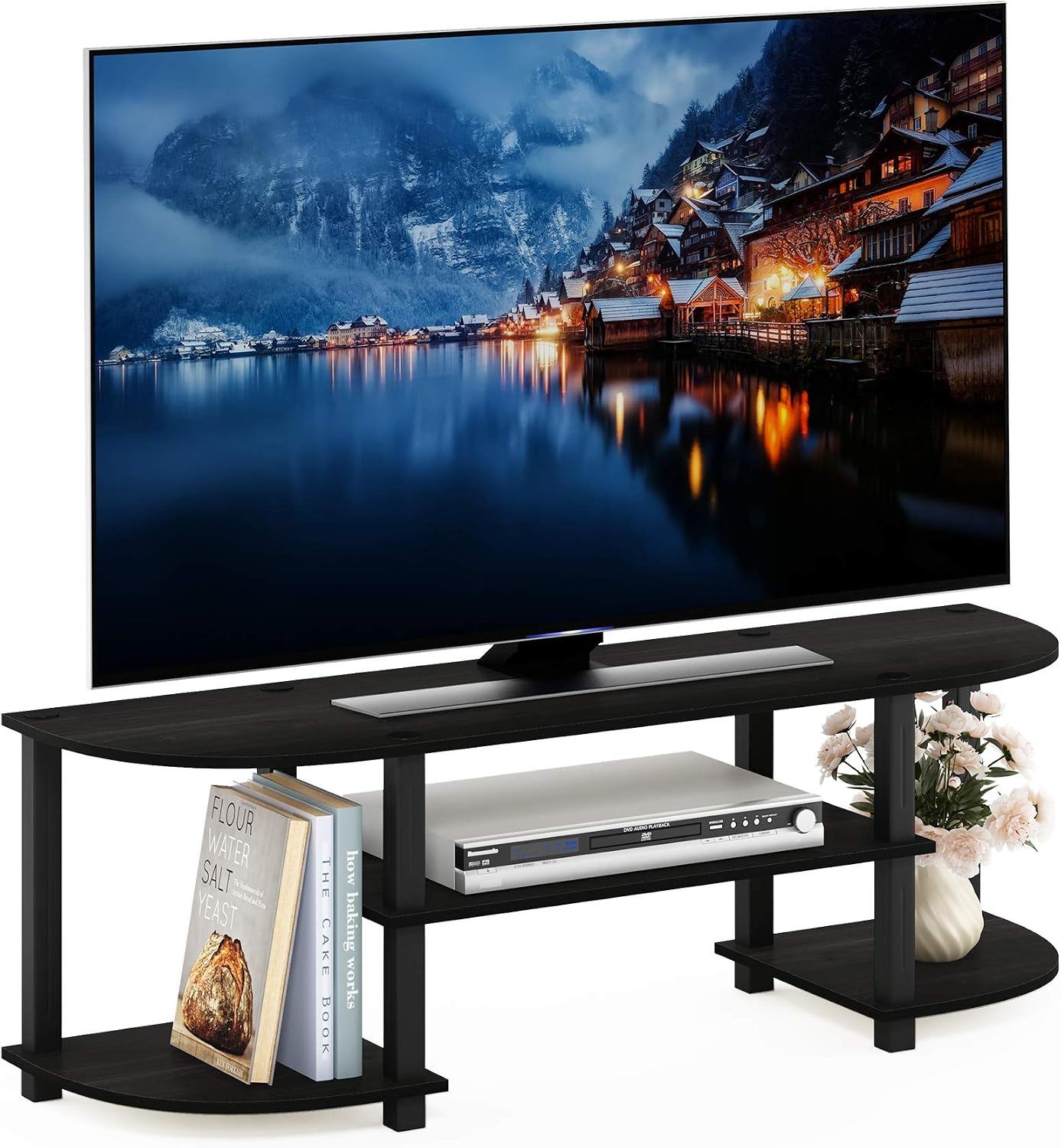 Furinno TURN-S-TUBE 3-Tier TV Stand for TVs up to 55 Inch, French Oak | Toolless Entertainment Center with Open Storage Shelves, Media Console Table with Soundbar Shelf for Living Room, Bedroom