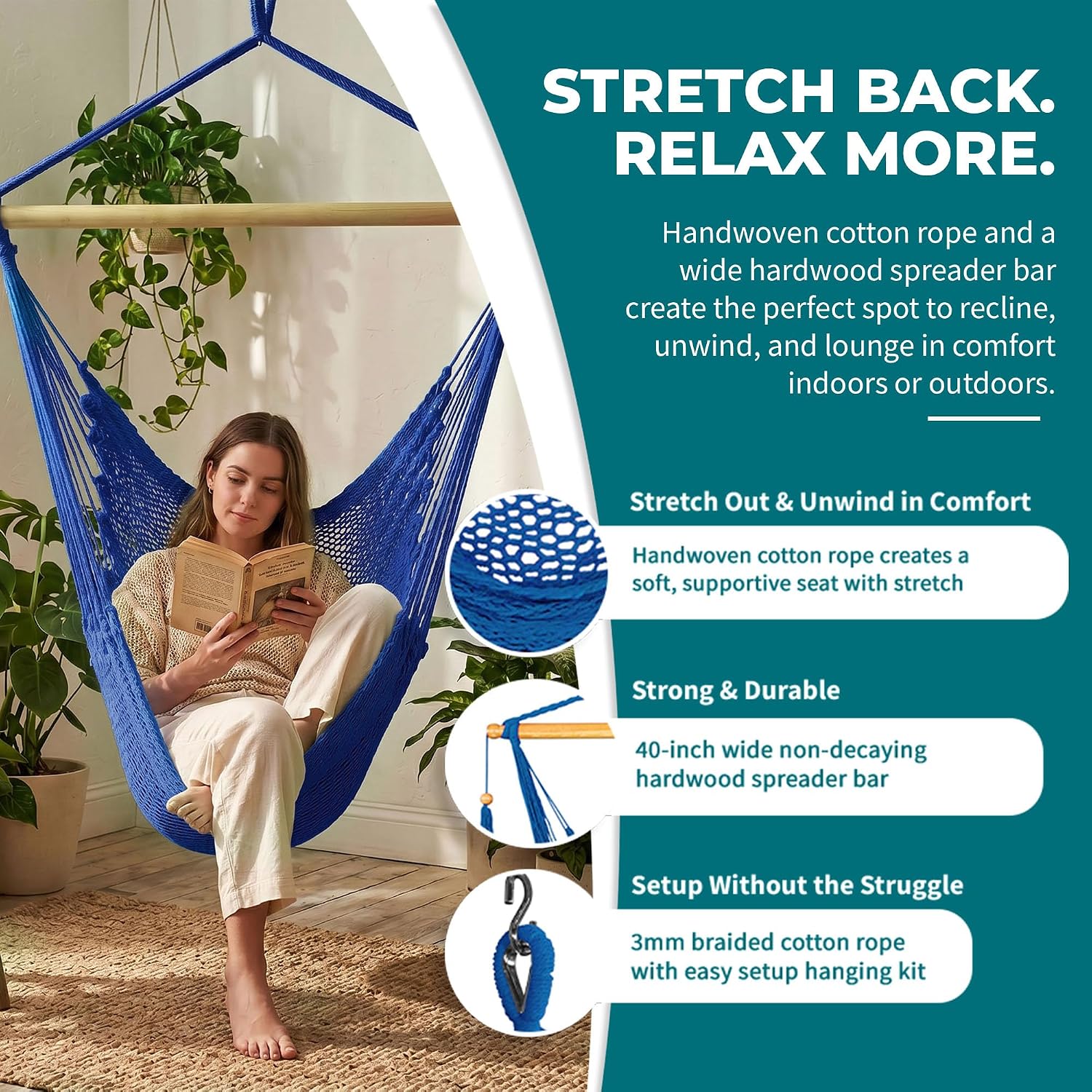 Bliss Hammocks BHC-412NT Island Rope Hammock Chair, Eco Friendly & Hand Woven, Varnish Coated 40 Inch Wood Spreader, Easy to Hang w/Included Hanging Kit, Supports up to 265 pounds, Natural Rope