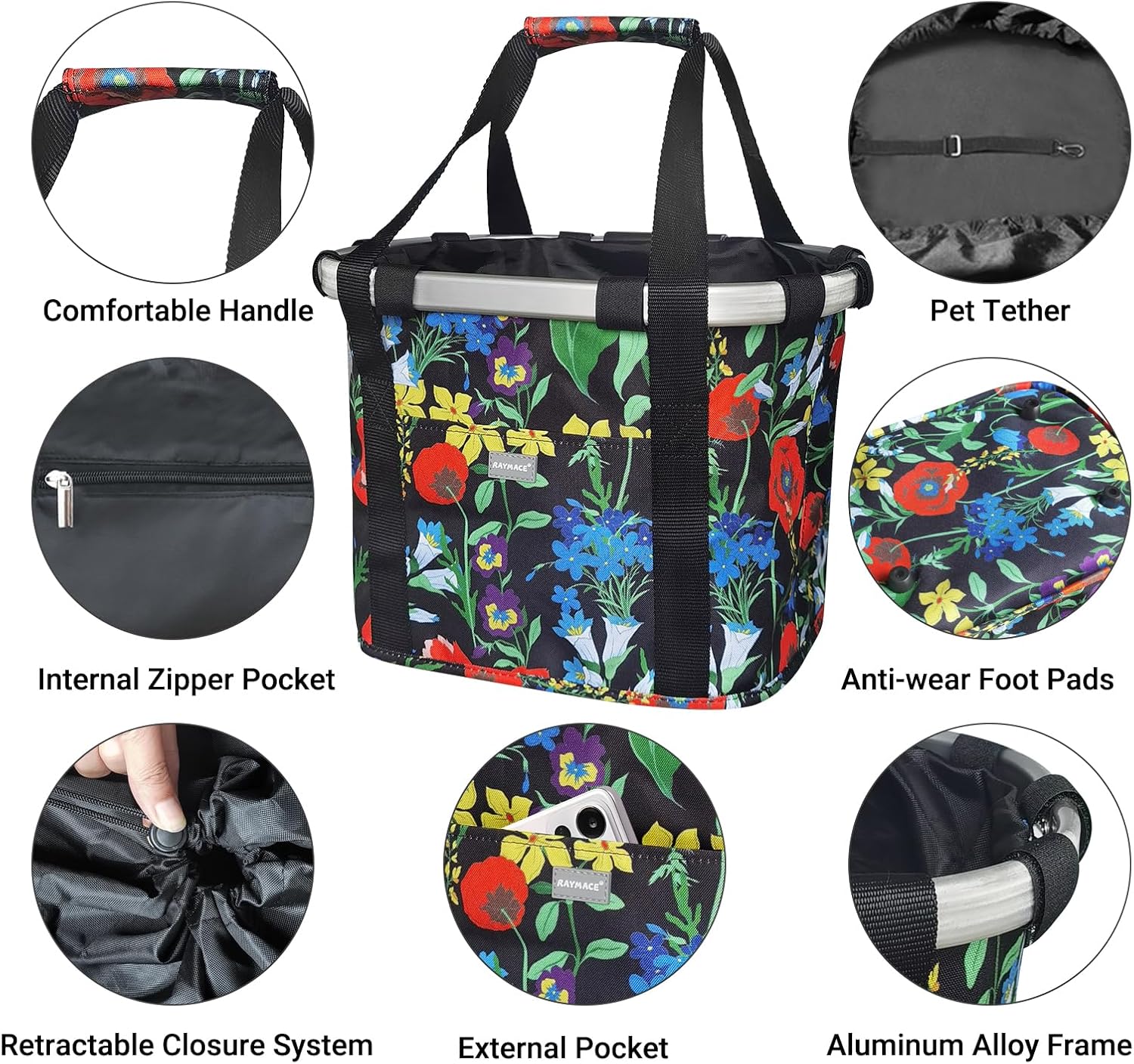 RAYMACE Bicycle Basket Dog Bike Handlebar Basket Front,Folding Detachable Quick Release Easy Install,Cycling Picnic Bag