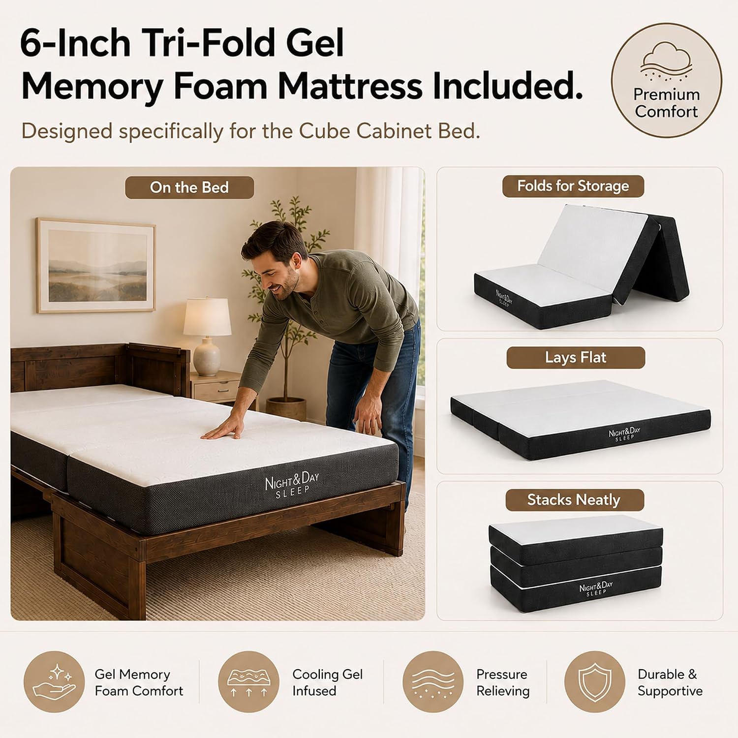 NIGHT & DAY Furniture Murphy Cube Cabinet Bed Pre-Assembled (Cherry, Queen) | Pre-Assembled