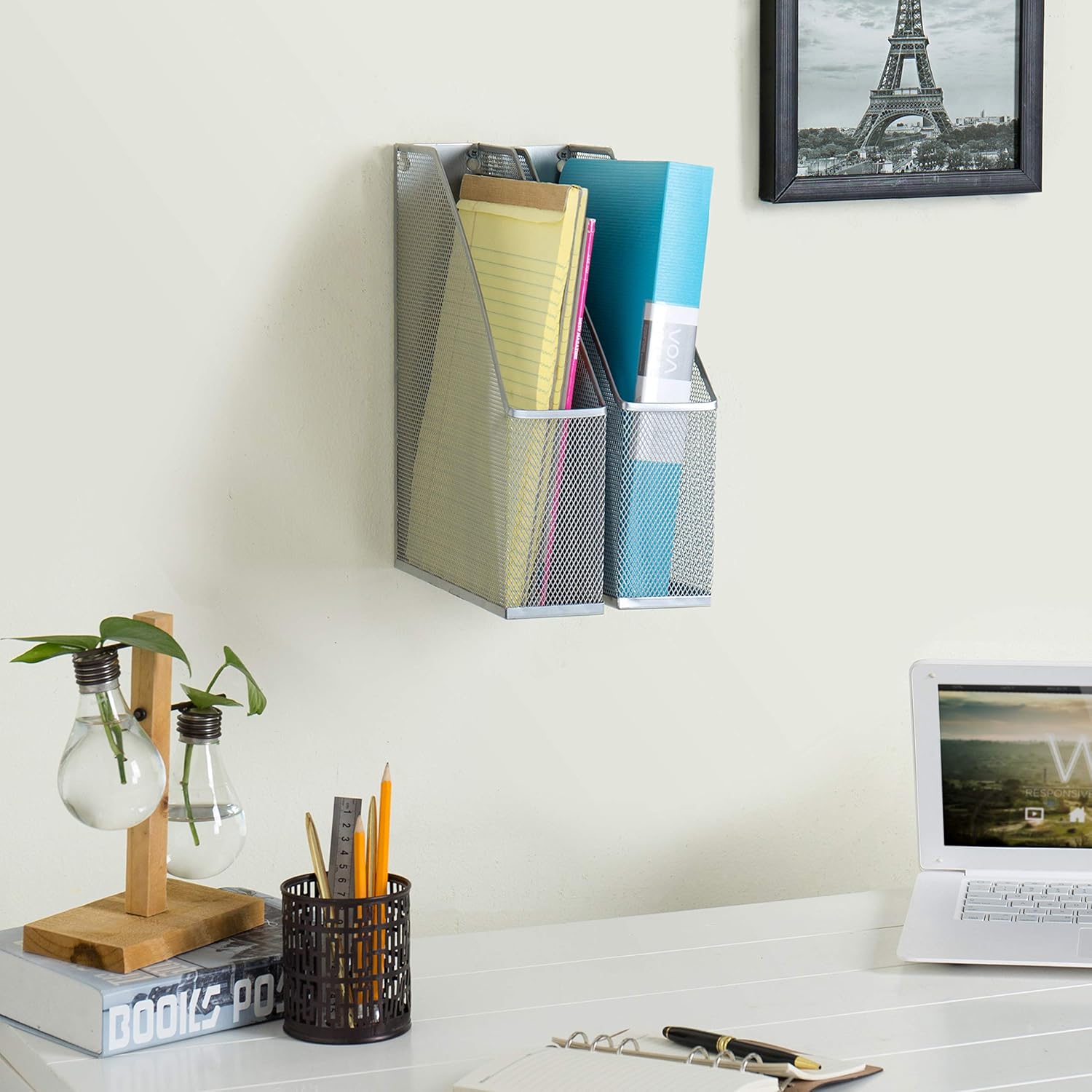MyGift Wire Mesh Wall Mounted or Freestanding Document Rack, Magazine and File Holder, Set of 2, Black