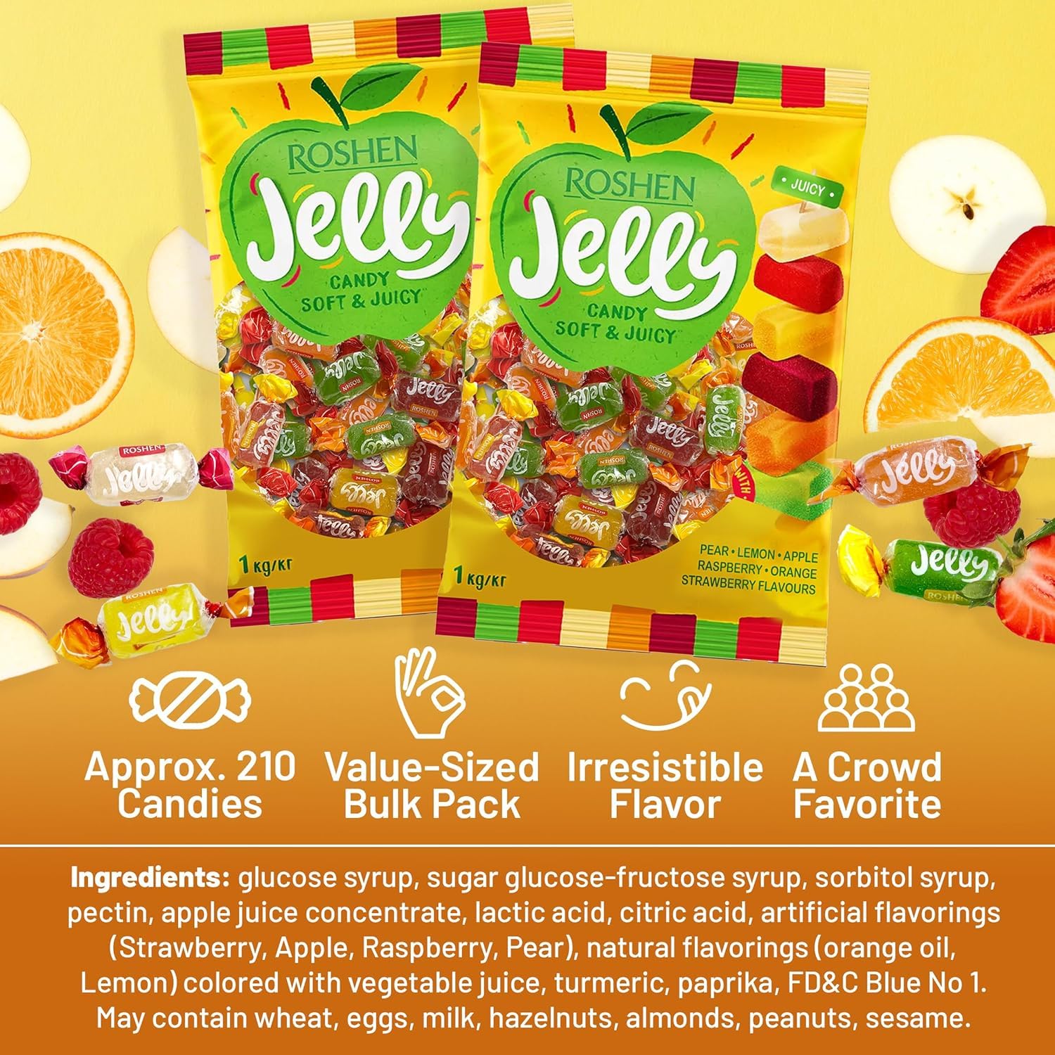 Roshen Mixed Fruit Jelly Candy, 2.2 lb (1 kg) Bulk Bag – Soft & Juicy Fruit Jelly Candies with 6 Fruit Juices, Gelatin-Free, Kosher & Halal Chewy Candy
