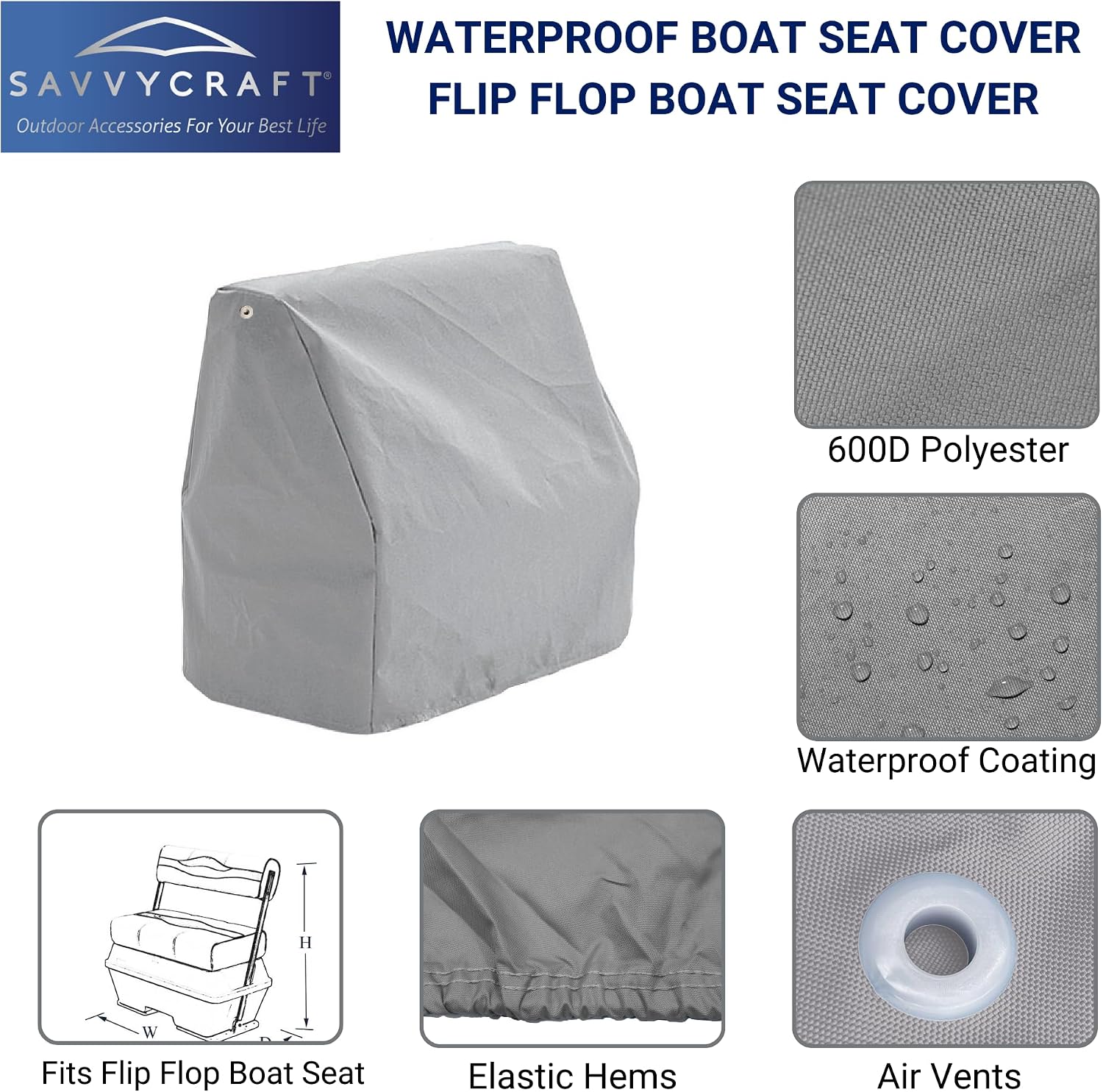 SavvyCraft Waterproof Pontoon Lounge Seat Cover Marine Grade 23"Dx60"Wx30"H