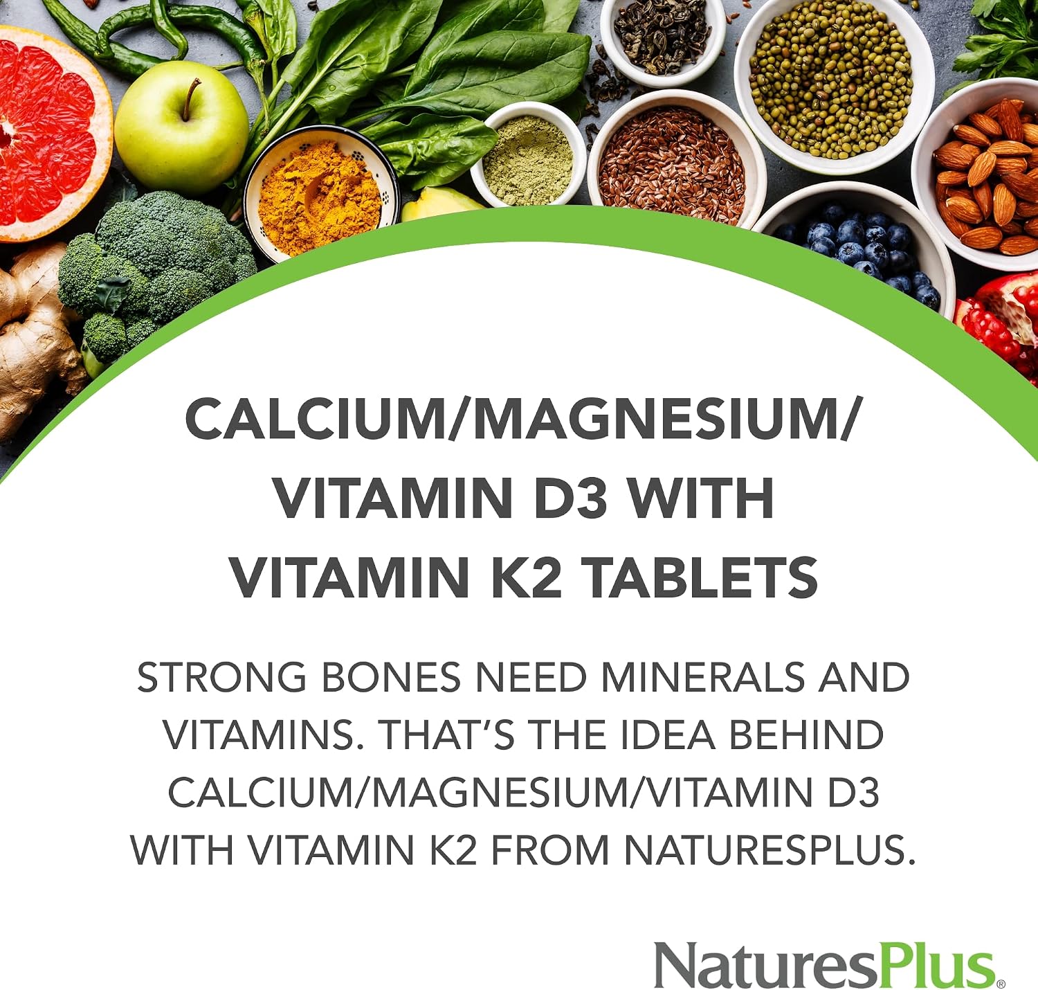 NaturesPlus Calcium/Magnesium/Vitamin D3 with Vitamin K2 - Supports Bone & Immune Health - Vegetarian, Gluten Free - 180 Tablets - 45 Servings