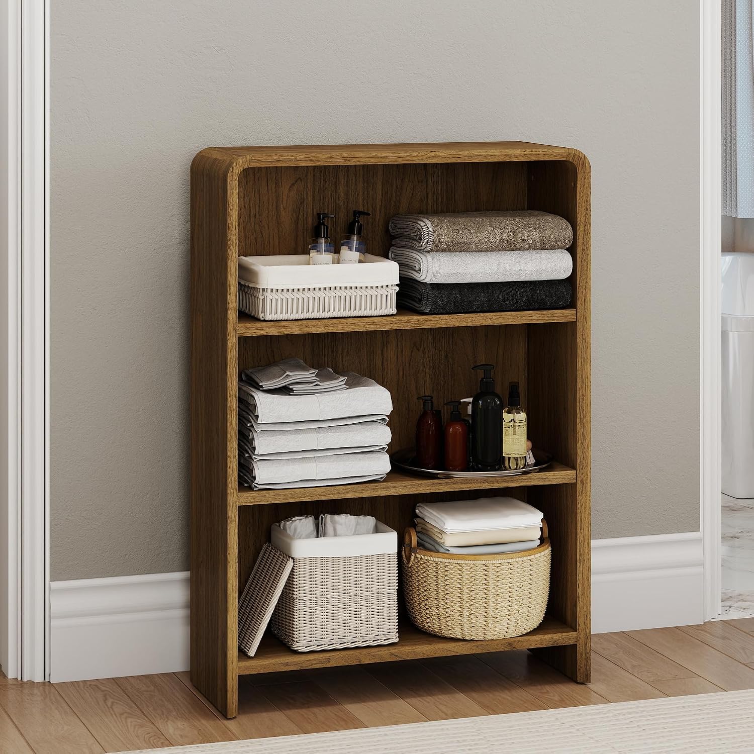 Bevfint 44" Bookcase Tall 3 Shelves Wood Bookshelf with Curved Soft Edges, Heavy Duty Storage Cabinet for Professional Home Office and Living Room, Modern Natural Oak Grain Finish