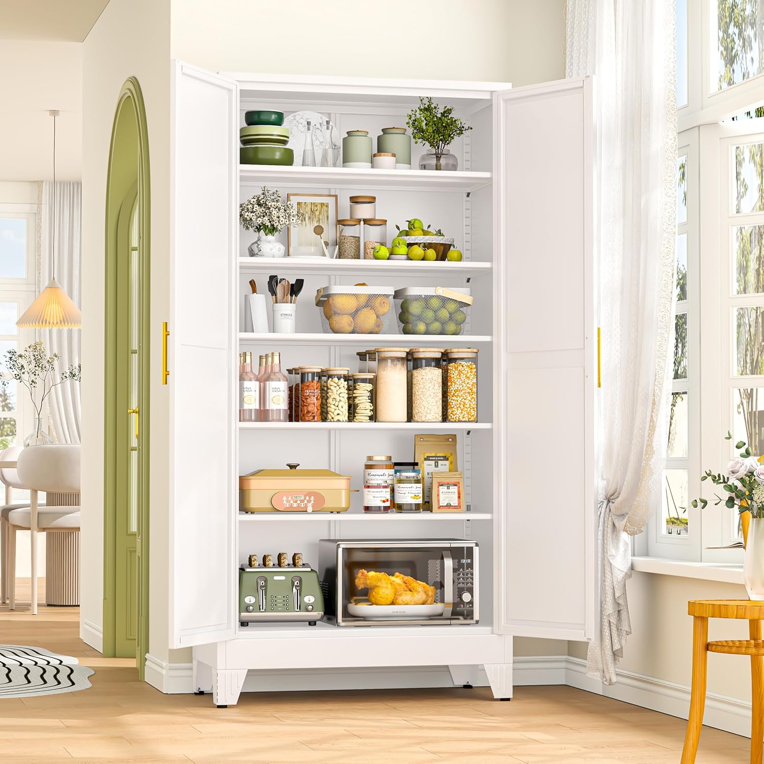 GAIOUS 75.2" Tall Metal Kitchen Pantry Storage Cabinets with 2 Door and 5 Adjustable Shelves, Cupboard for Kitchen, Dining Room, Living Room and Bathroom, White