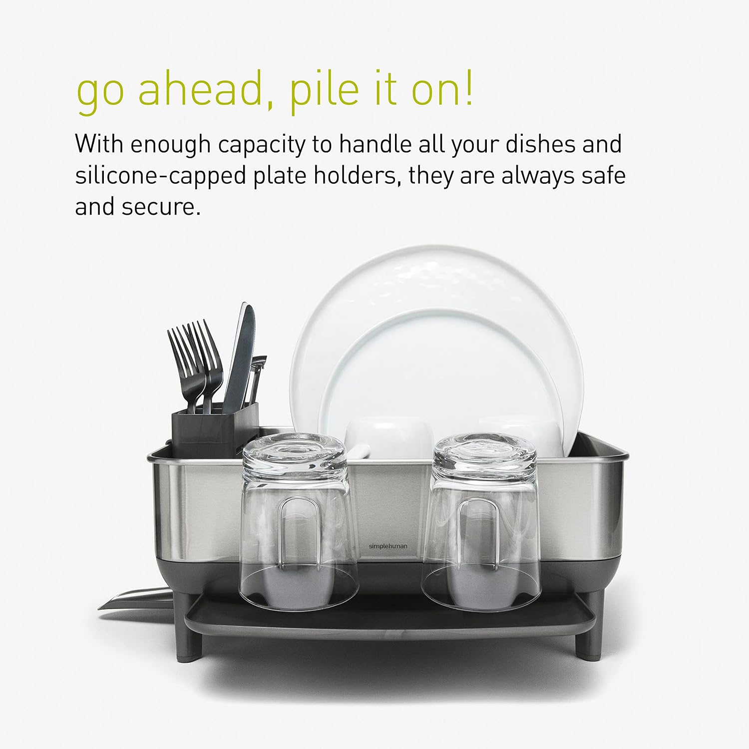 simplehuman Steel Frame Dishrack, Large Capacity Dish Drying Rack, 360º Easy Drain Swivel Spout, Utensil & Wine Glass Holder, Anti-Residue Coating