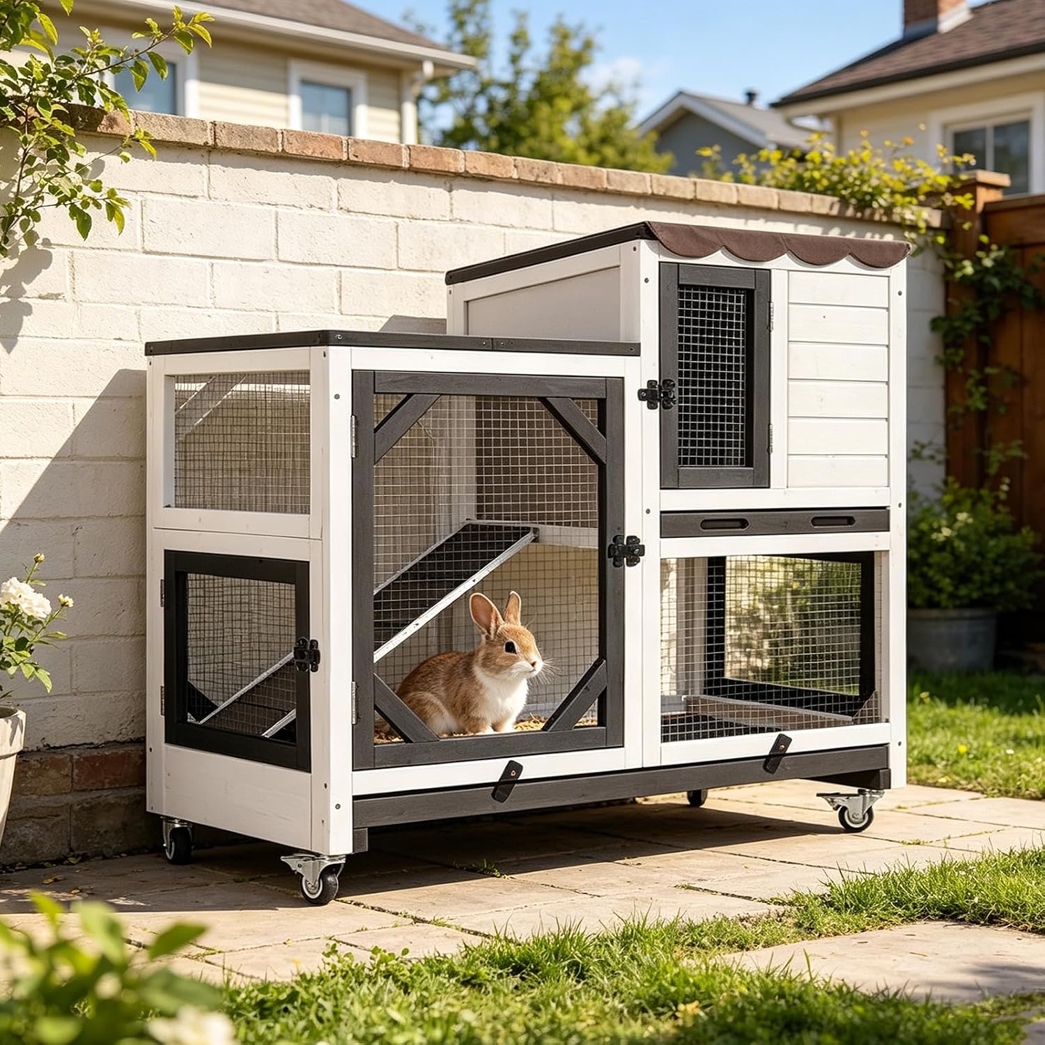 Indoor Rabbit Bunny Hutch Outdoor, Guinea Pig Cages with Removable Bottom Wire Netting - Easy Clean
