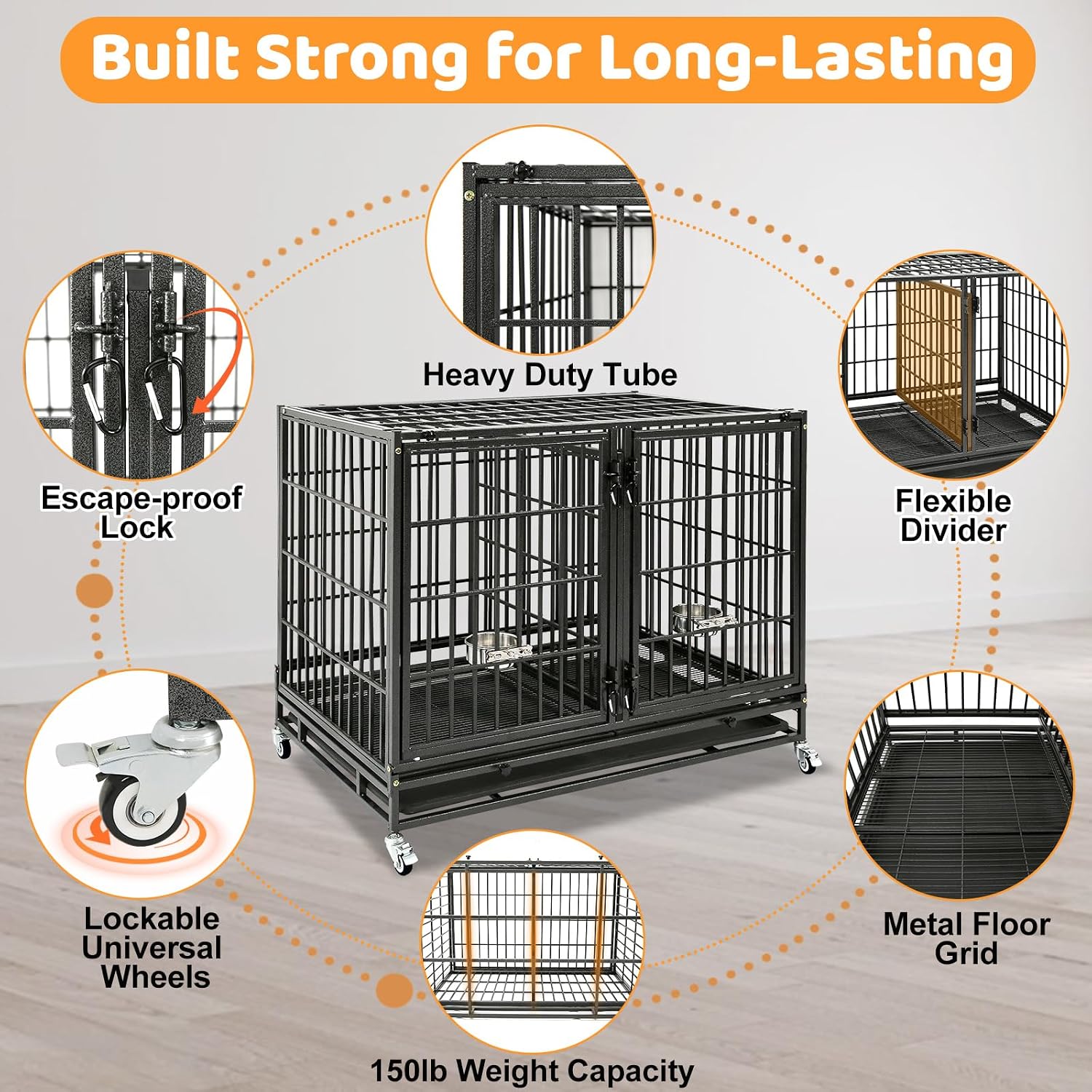 Homey Pet Taller 43" Heavy Duty Double Dog Crates with Divider & Dual Door | Drop Cage for Dogs with Lockable Wheels, Bowls, Removable Tray, Top Access, Ideal for Small to Medium & Large Dogs, Breeders