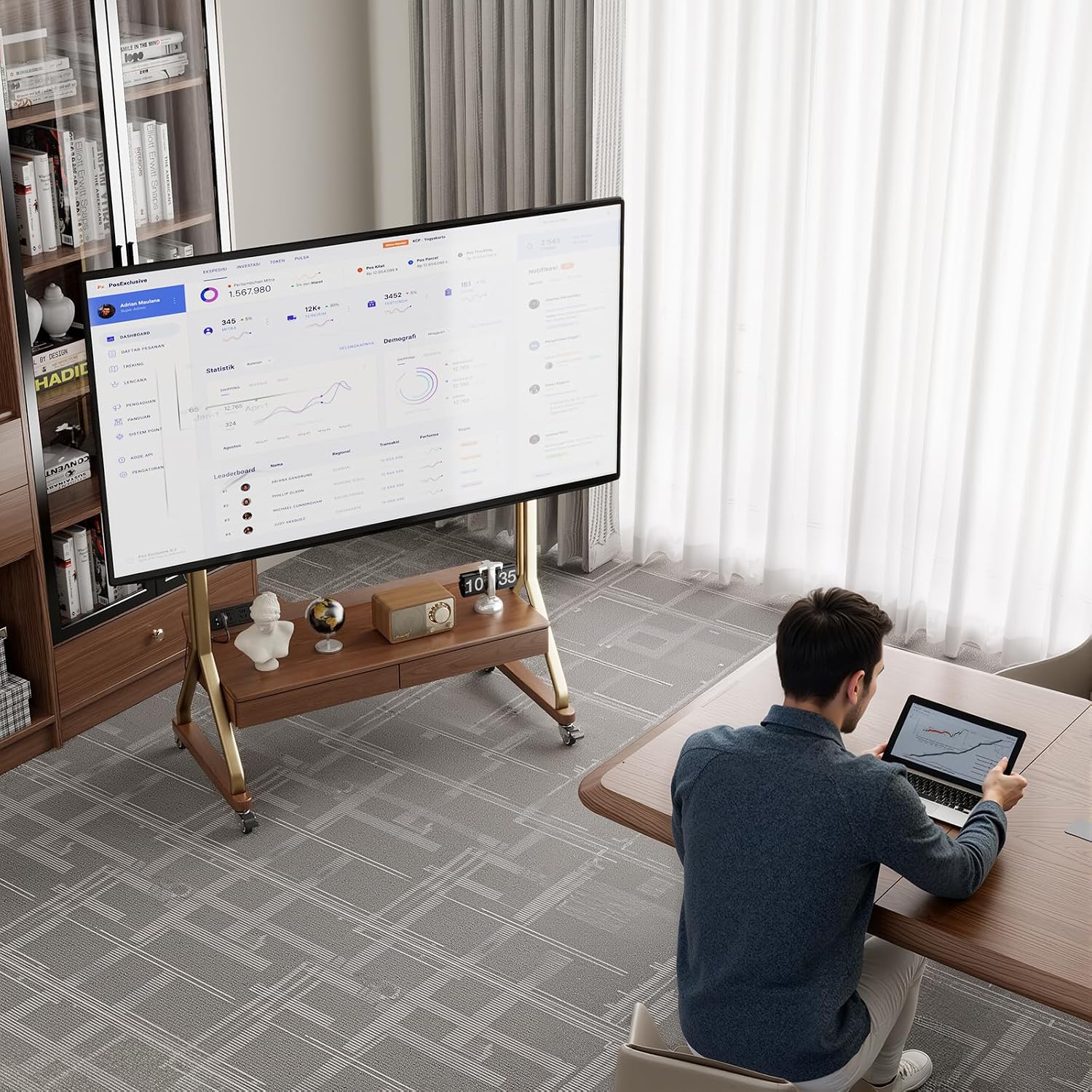 AnywaysWood TV Cart Rolling TV Stand with Wheels for Most 40-75" TVs up to 300lbs Height Adjustable, Tilting, Tall Heavy Duty TV Stand with 2 Drawers Power Strip, for Living Room