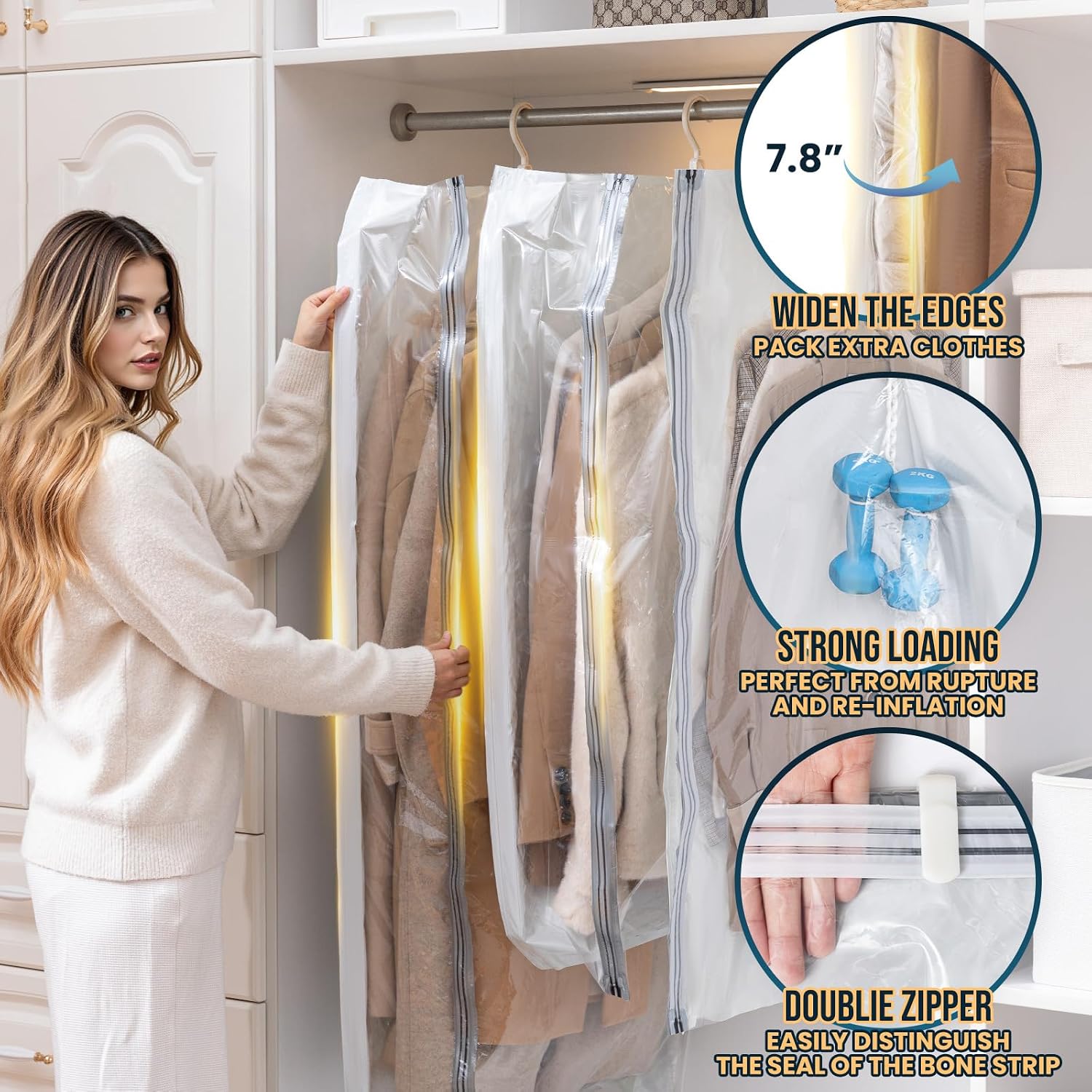 TAILI Hanging Vacuum Storage Bags, Space Save Vacuum seal bags for Clothing Travel, Suits and Jackets, Winter Coat Storage Closet Organizers, Set of 4 (2 Long, 2 Short), Clear