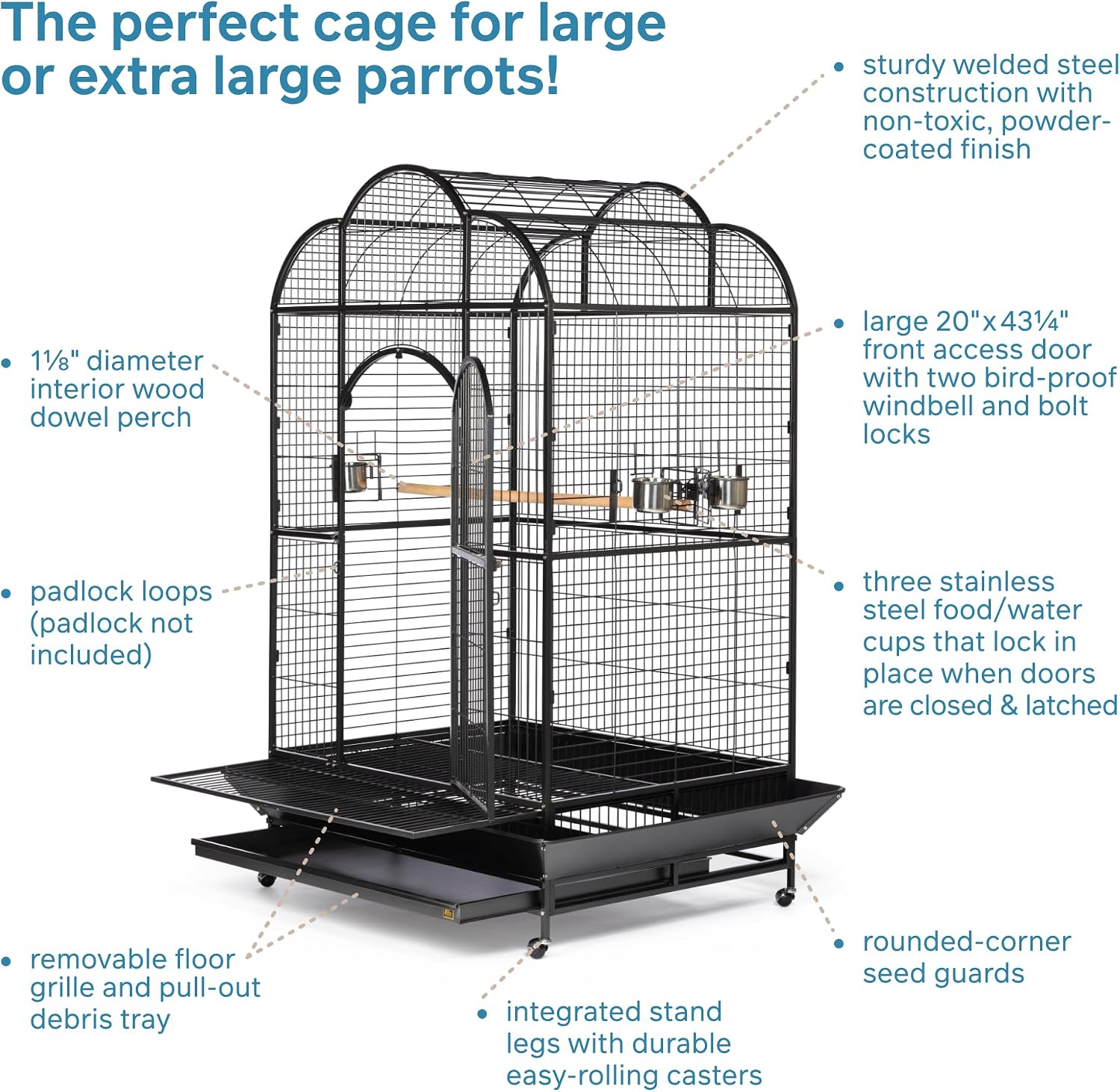 Prevue Pet Products Steel Bird Flight Cage with Wheels - Black, Large | Large Birdcage for Parakeets, Canaries, Finches, Cockatiels, Lovebirds, & Green Cheeks, Metal Standing Birdcage