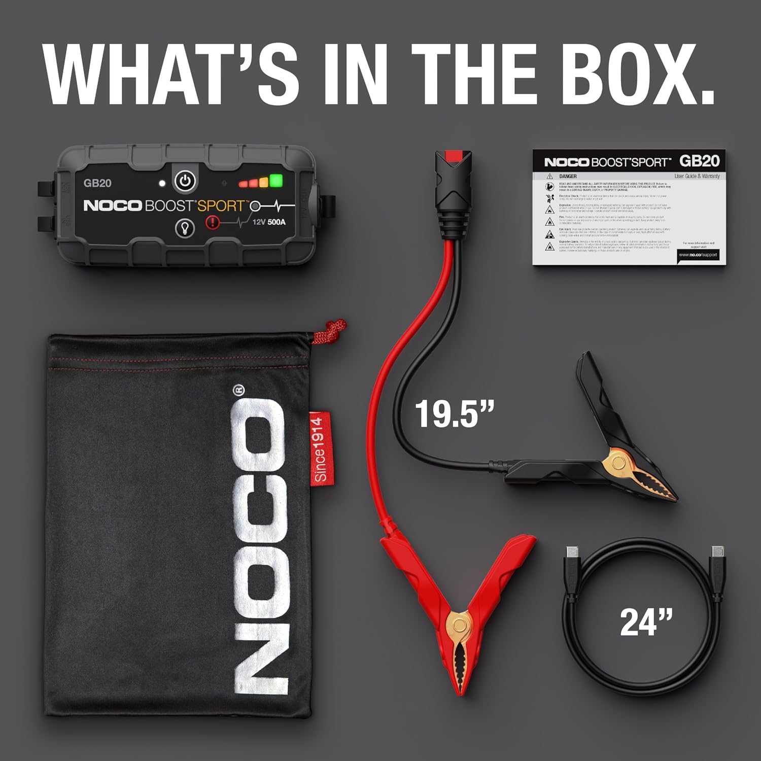 NOCO Boost GB20: 500A UltraSafe Jump Starter – 12V Lithium Battery Booster Pack, Portable Jump Box