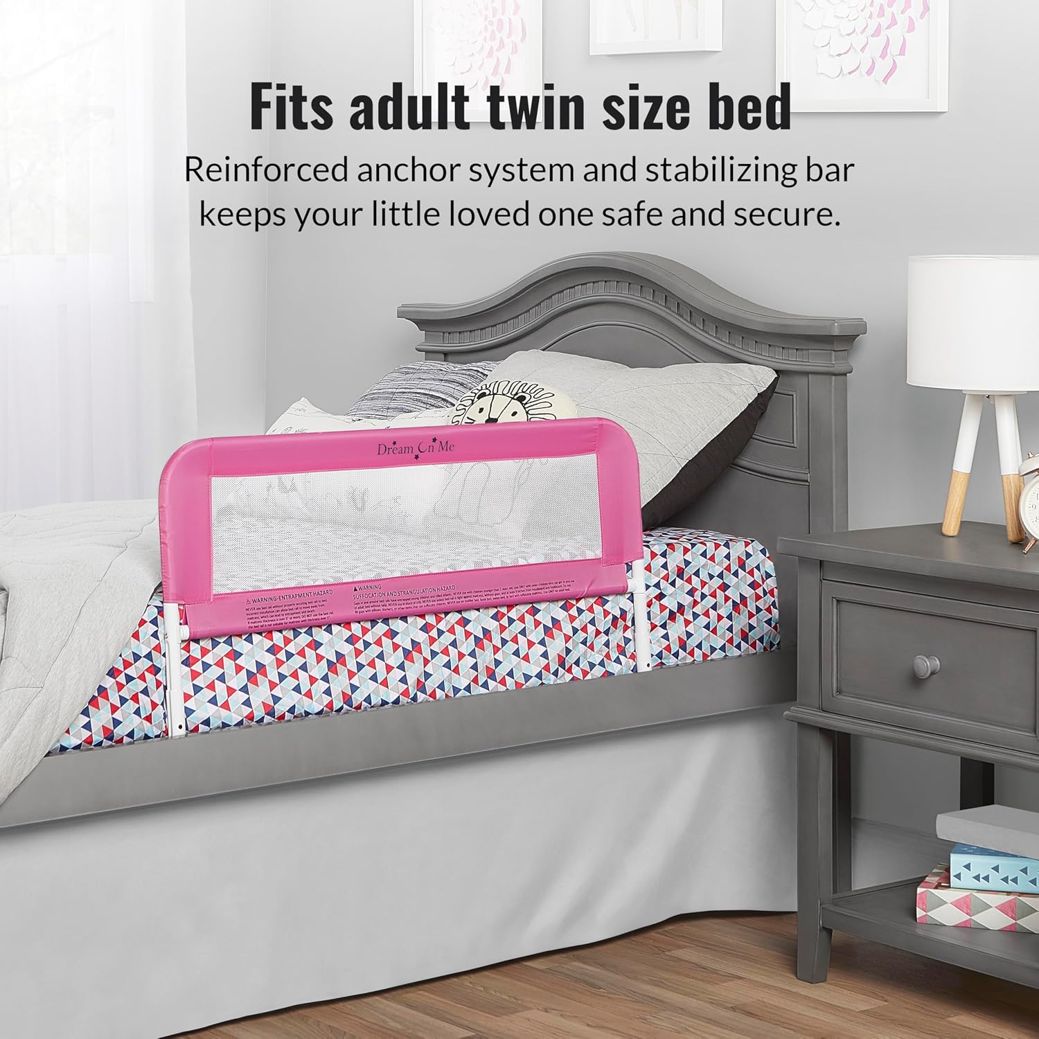 Dream On Me Mesh Security Bed Rail – Toddler Safety Guard with breathable mesh, reinforced anchor system, lightweight, portable, fits adult twin-size beds, Pink